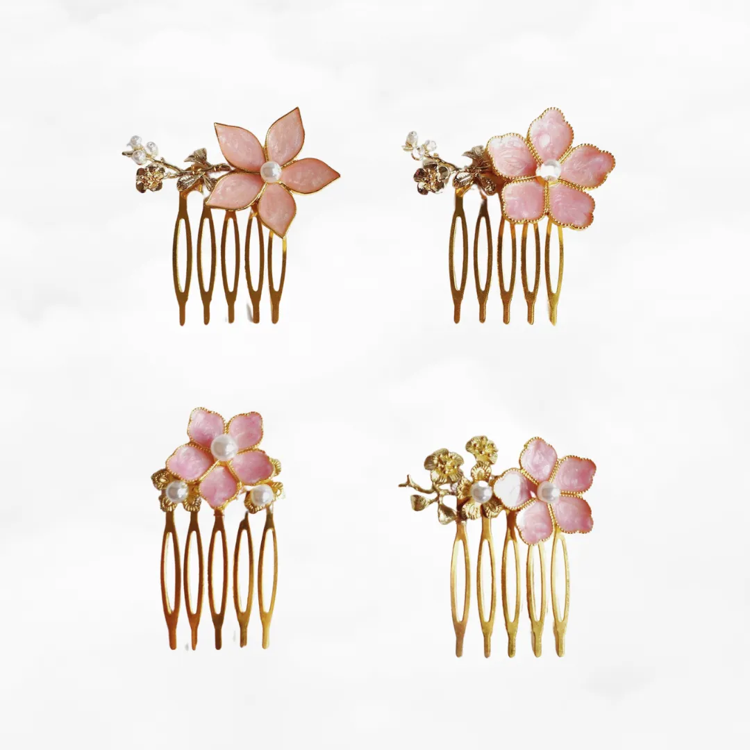 Coral Pink Enamel Flower and Pearl Hair Comb