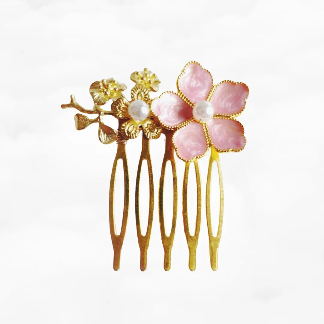 Coral Pink Enamel Flower and Pearl Hair Comb
