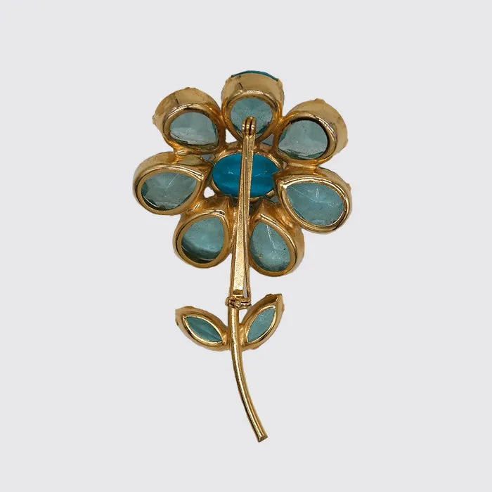 Costume Brooch, Flower with Aqua Colored Glass