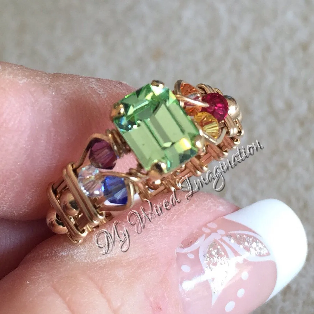 Crystal Chakra Ring, 7 Chakra Healing Colors, Handmade Ring 14K GF US Size 3.5