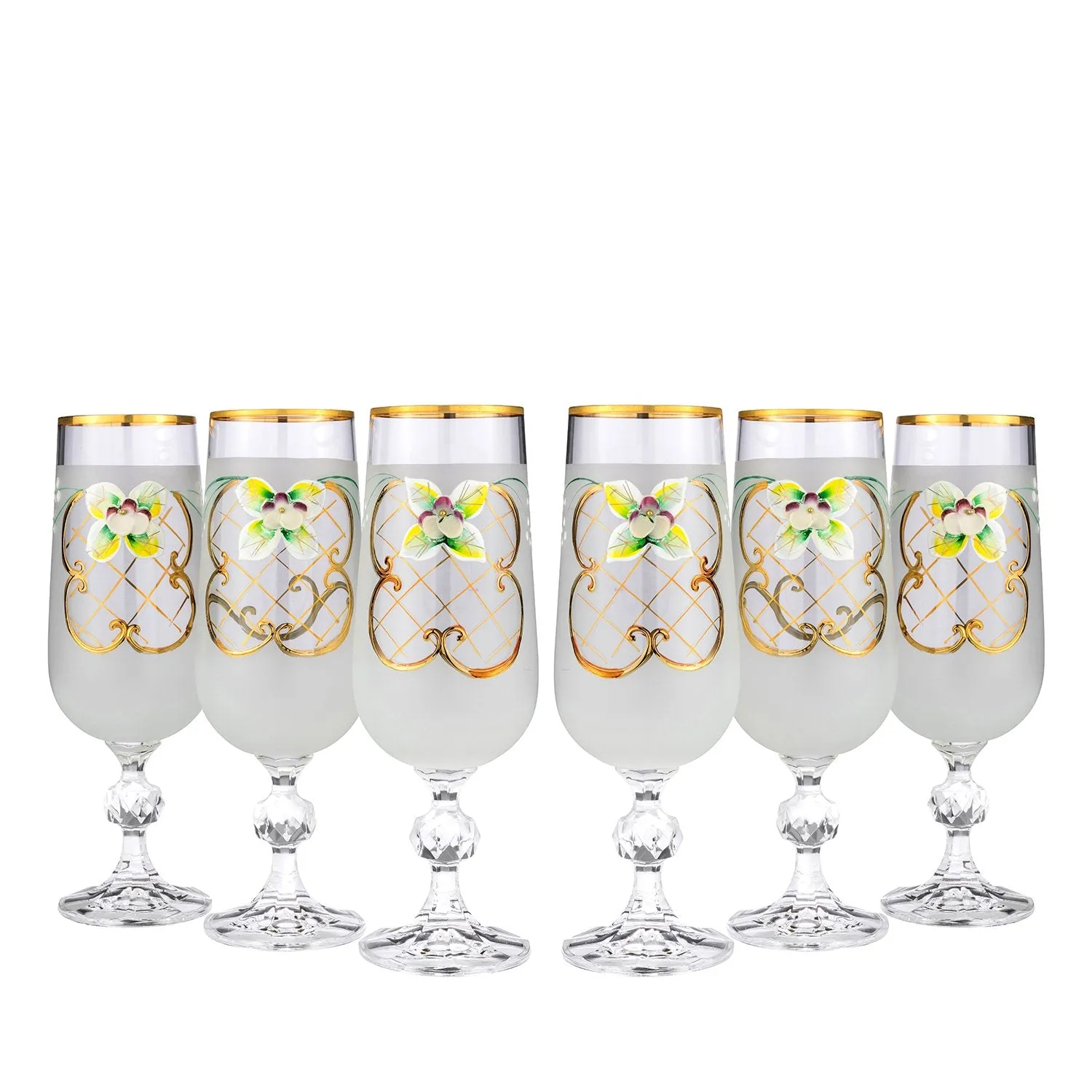 Crystalex 6pc Bohemia Colored Crystal White Champagne Flute Glasses Set 24K Gold