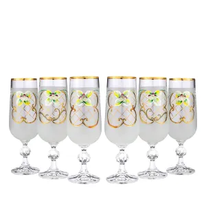 Crystalex 6pc Bohemia Colored Crystal White Champagne Flute Glasses Set 24K Gold