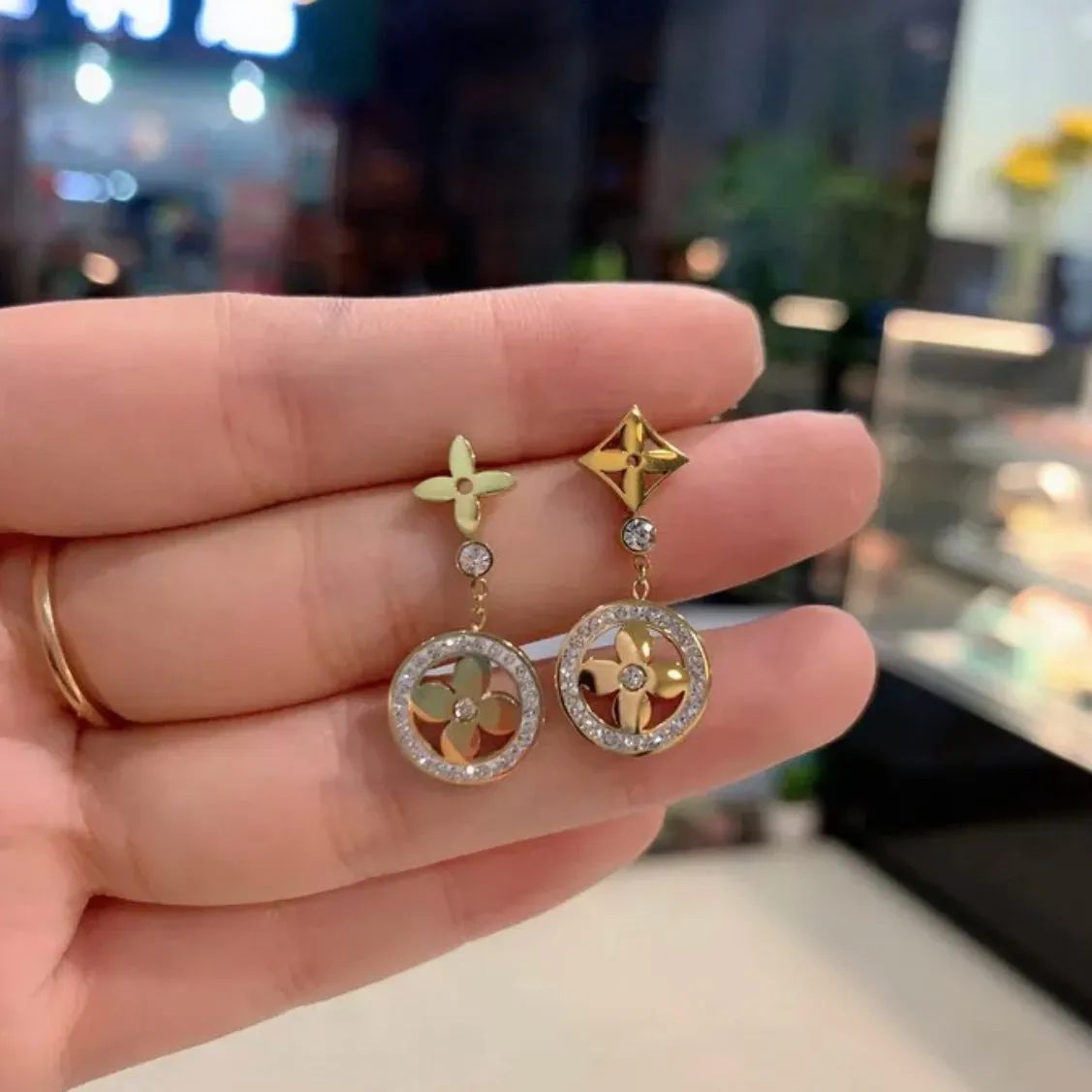CZ Clover Design Dangling Stud Earrings - Gold