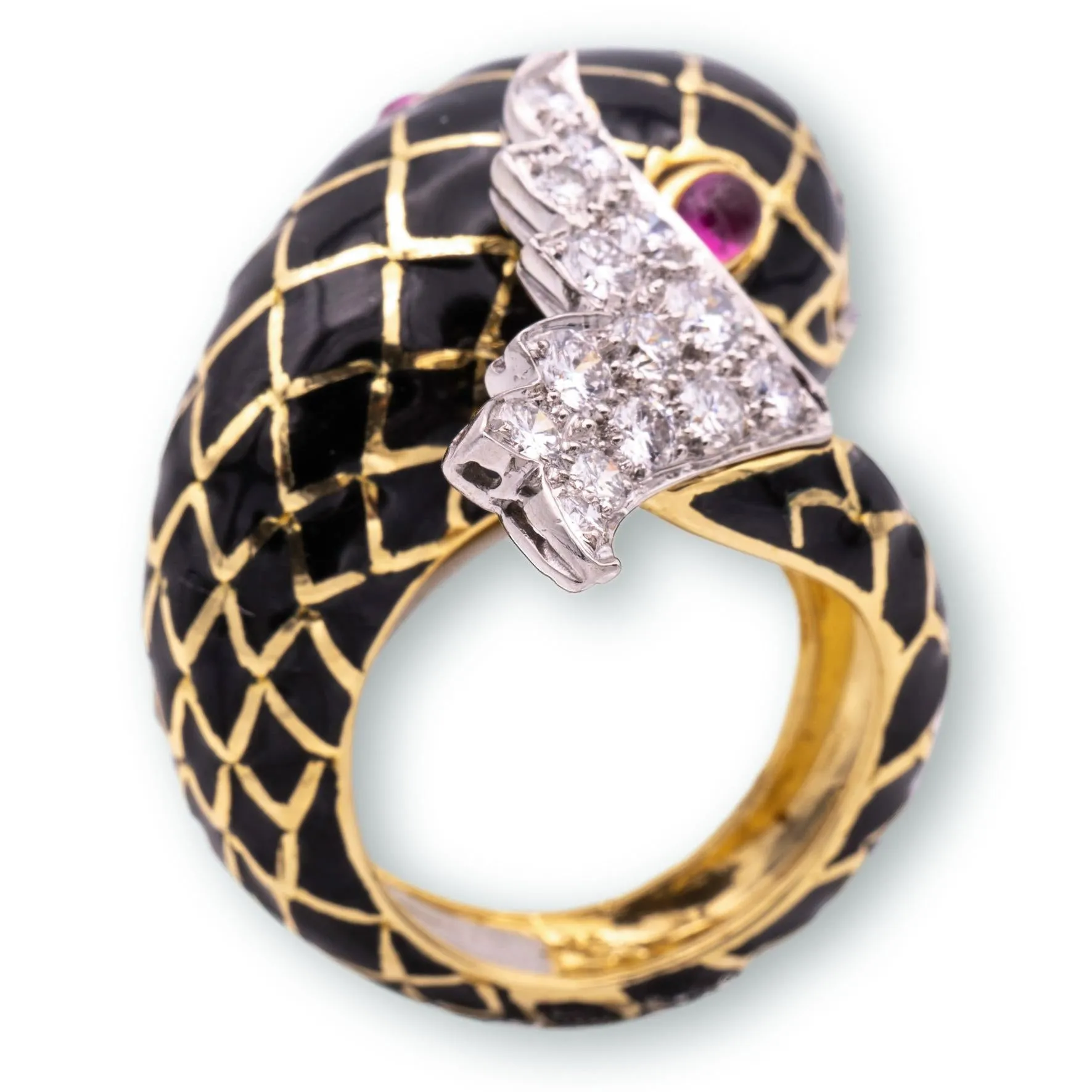 David Webb Diamond Fish Cocktail Ring Platinum 18K Yellow Gold Ruby Eyes Black Enamel