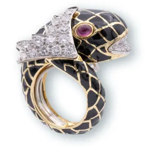 David Webb Diamond Fish Cocktail Ring Platinum 18K Yellow Gold Ruby Eyes Black Enamel