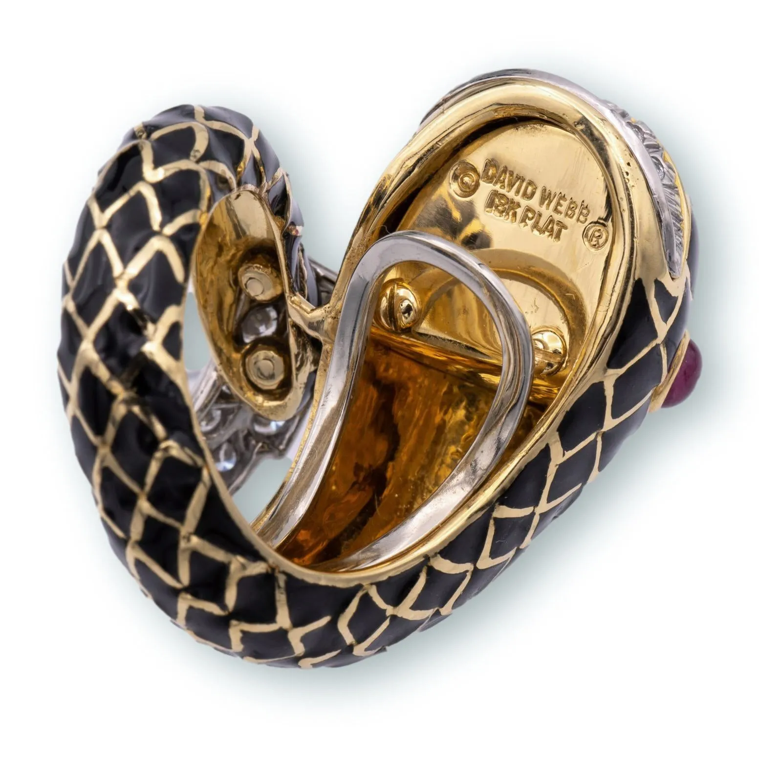 David Webb Diamond Fish Cocktail Ring Platinum 18K Yellow Gold Ruby Eyes Black Enamel