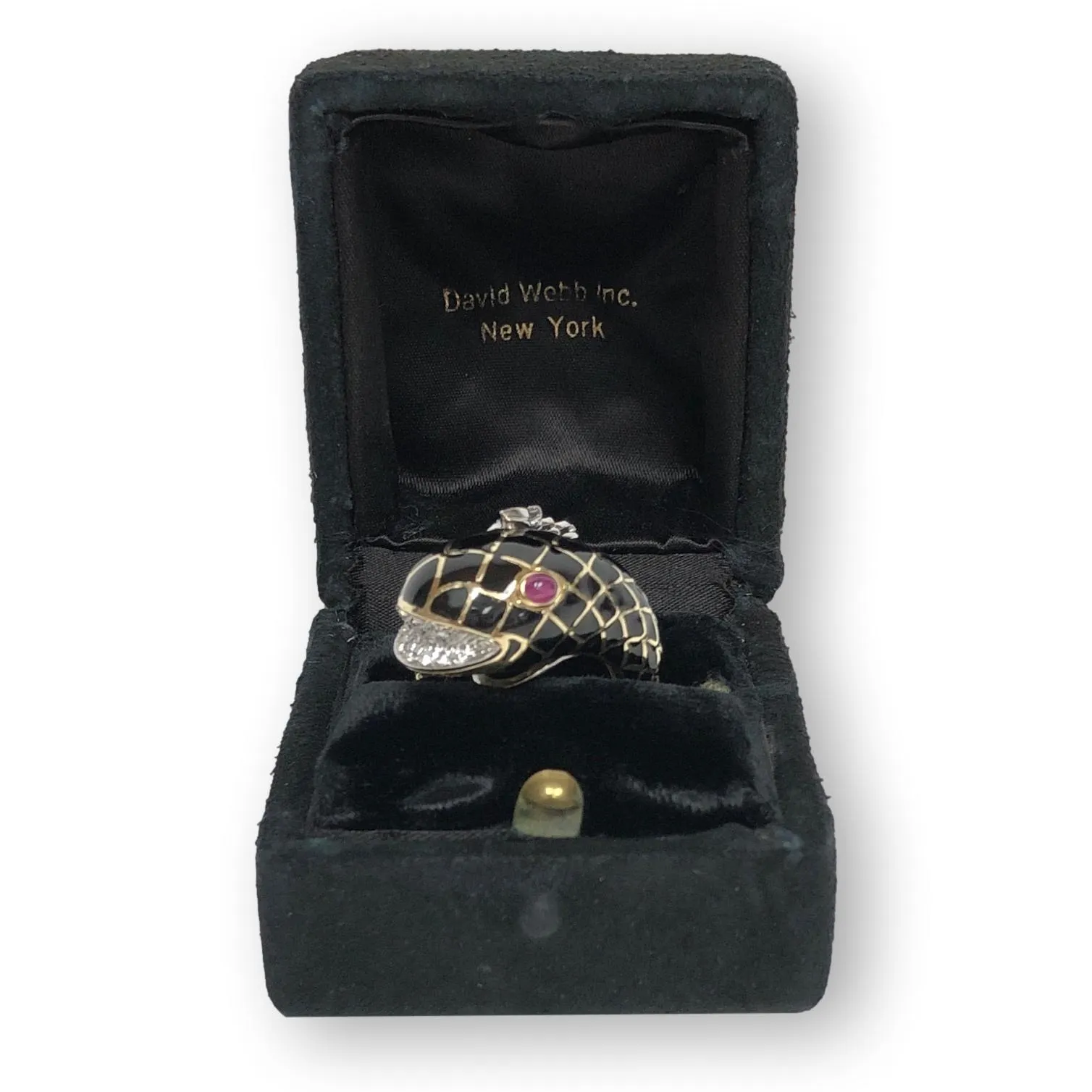 David Webb Diamond Fish Cocktail Ring Platinum 18K Yellow Gold Ruby Eyes Black Enamel