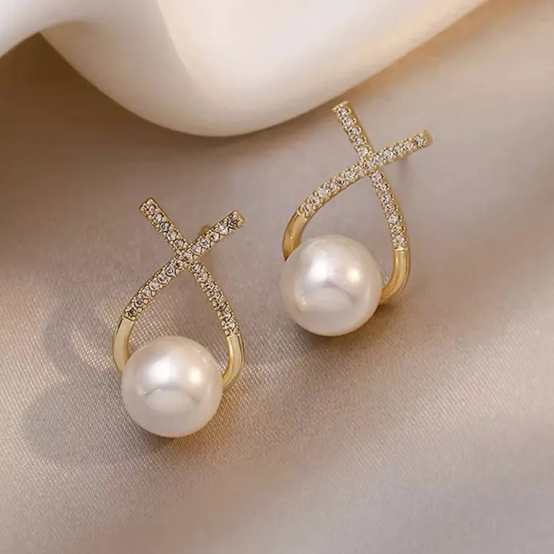 Diamond and Pearl Stud Korean Earrings 2 Pcs/Set