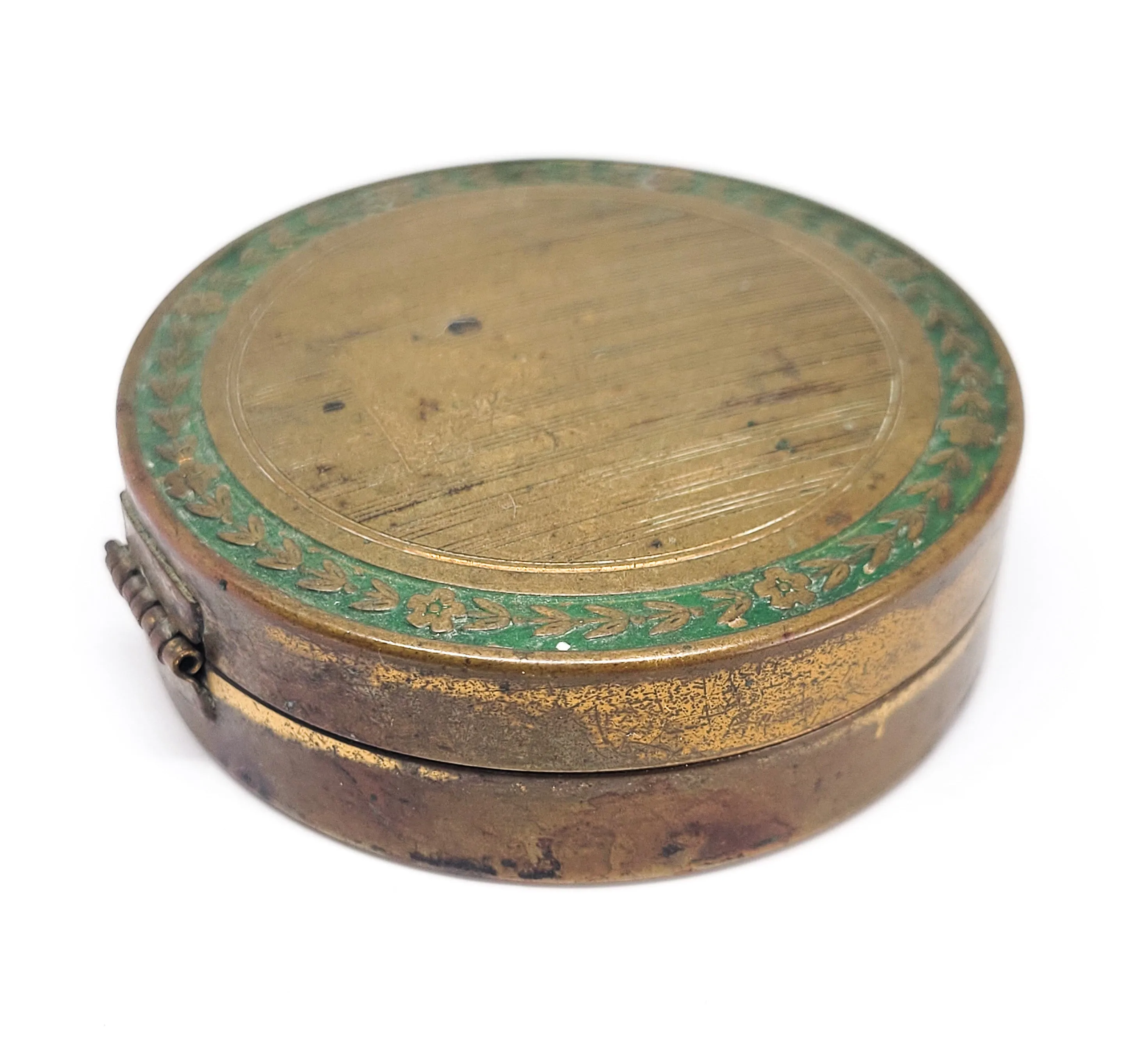 Dier - Kiss Art Deco brass & green enamel folding double mirror vintage compact