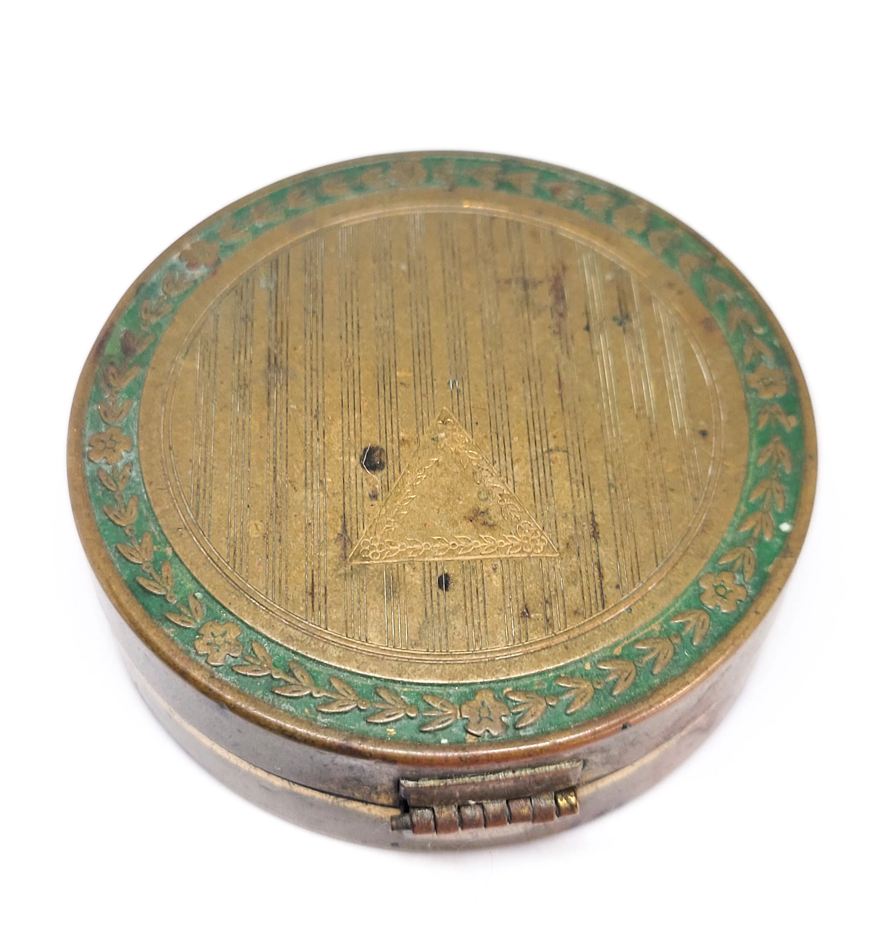 Dier - Kiss Art Deco brass & green enamel folding double mirror vintage compact