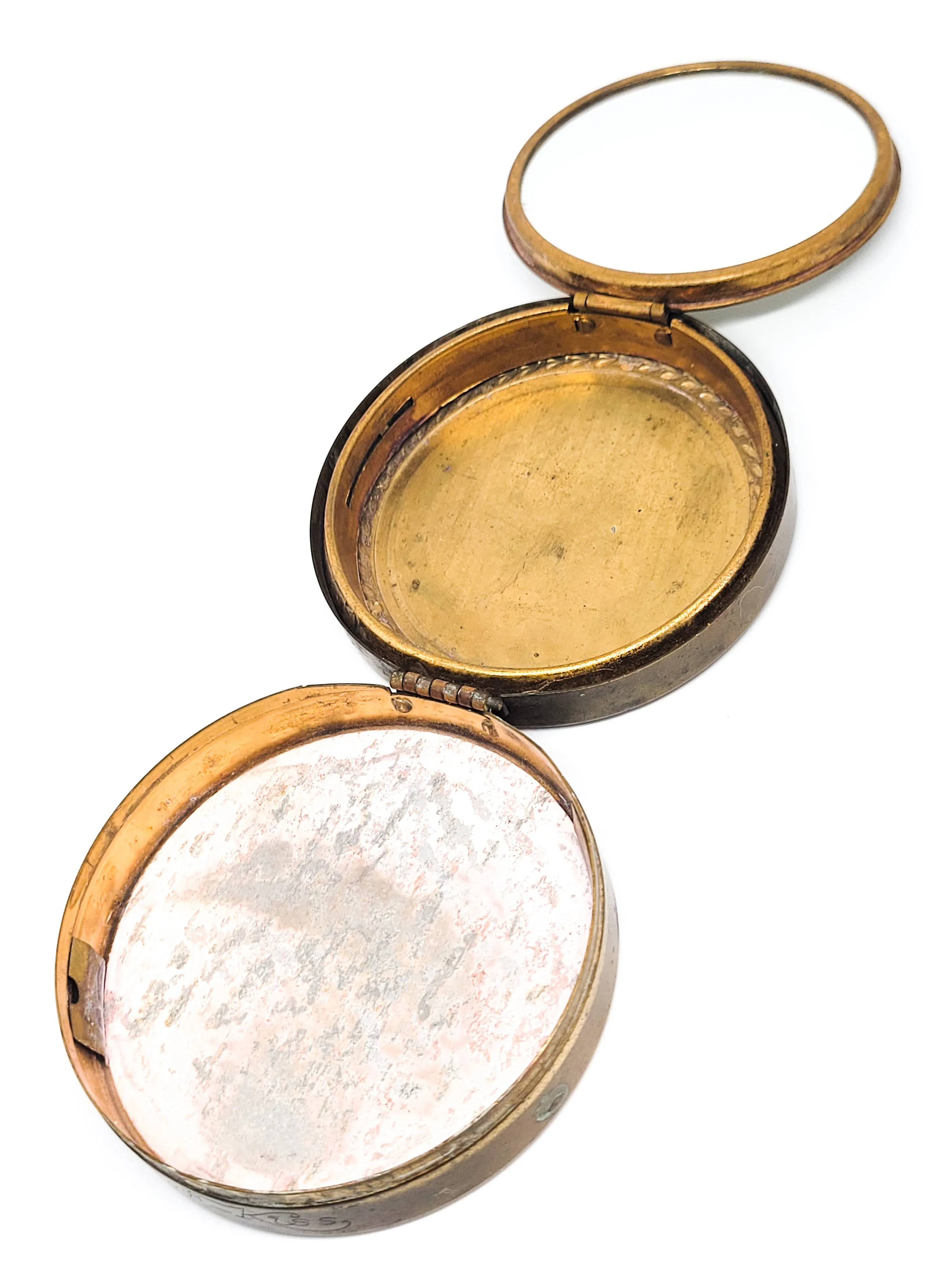 Dier - Kiss Art Deco brass & green enamel folding double mirror vintage compact