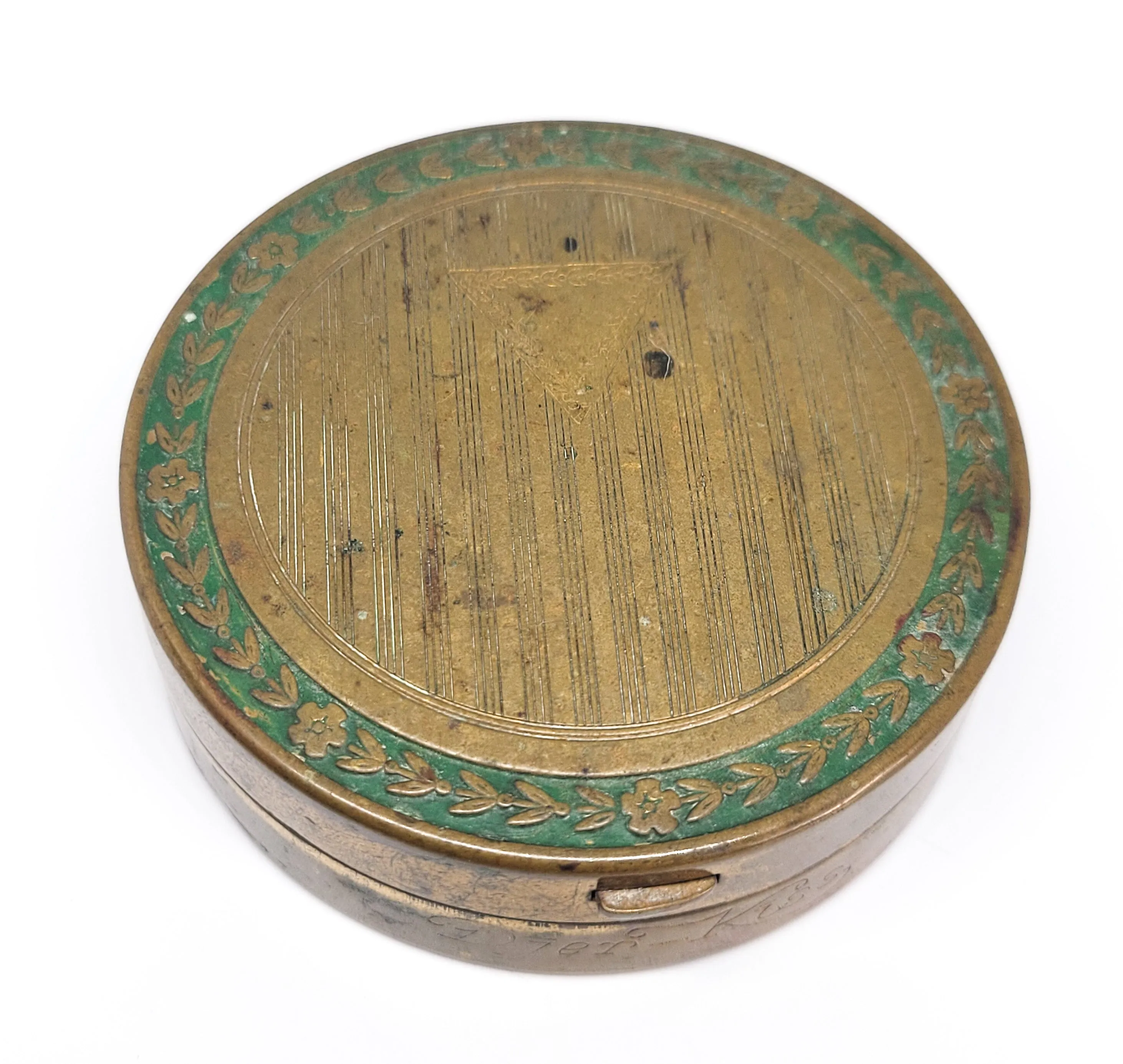Dier - Kiss Art Deco brass & green enamel folding double mirror vintage compact