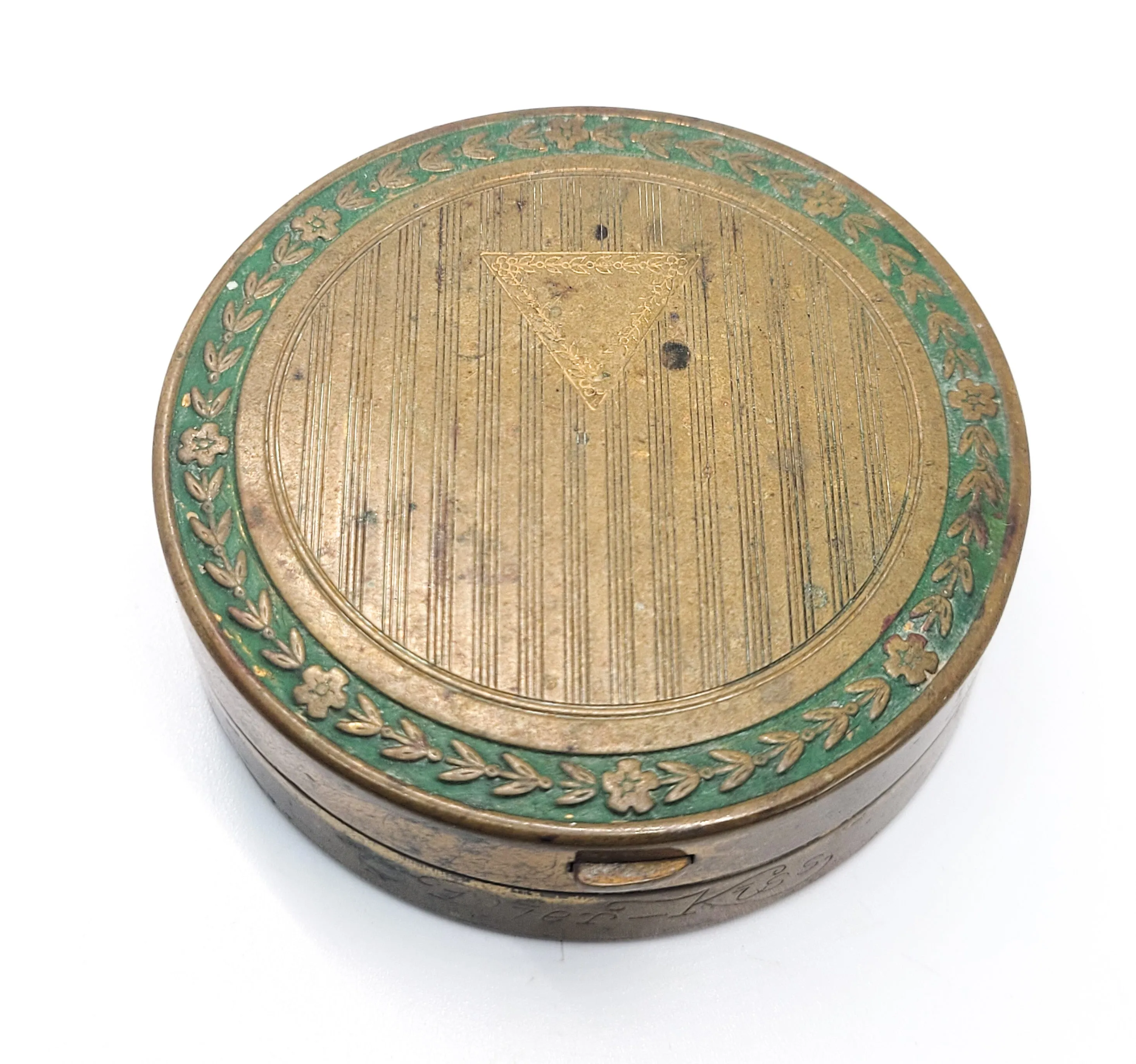 Dier - Kiss Art Deco brass & green enamel folding double mirror vintage compact
