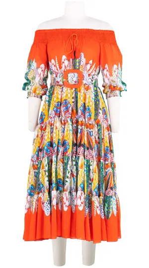 Eden Dress Off Smock Shoulder 3/4 Smock Sleeve Midi Length Cotton Musola (African Feather)