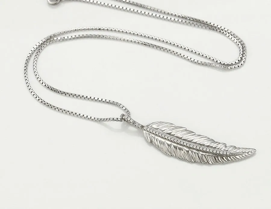 Elegant Cz Diamond Feather Bohemian Necklace