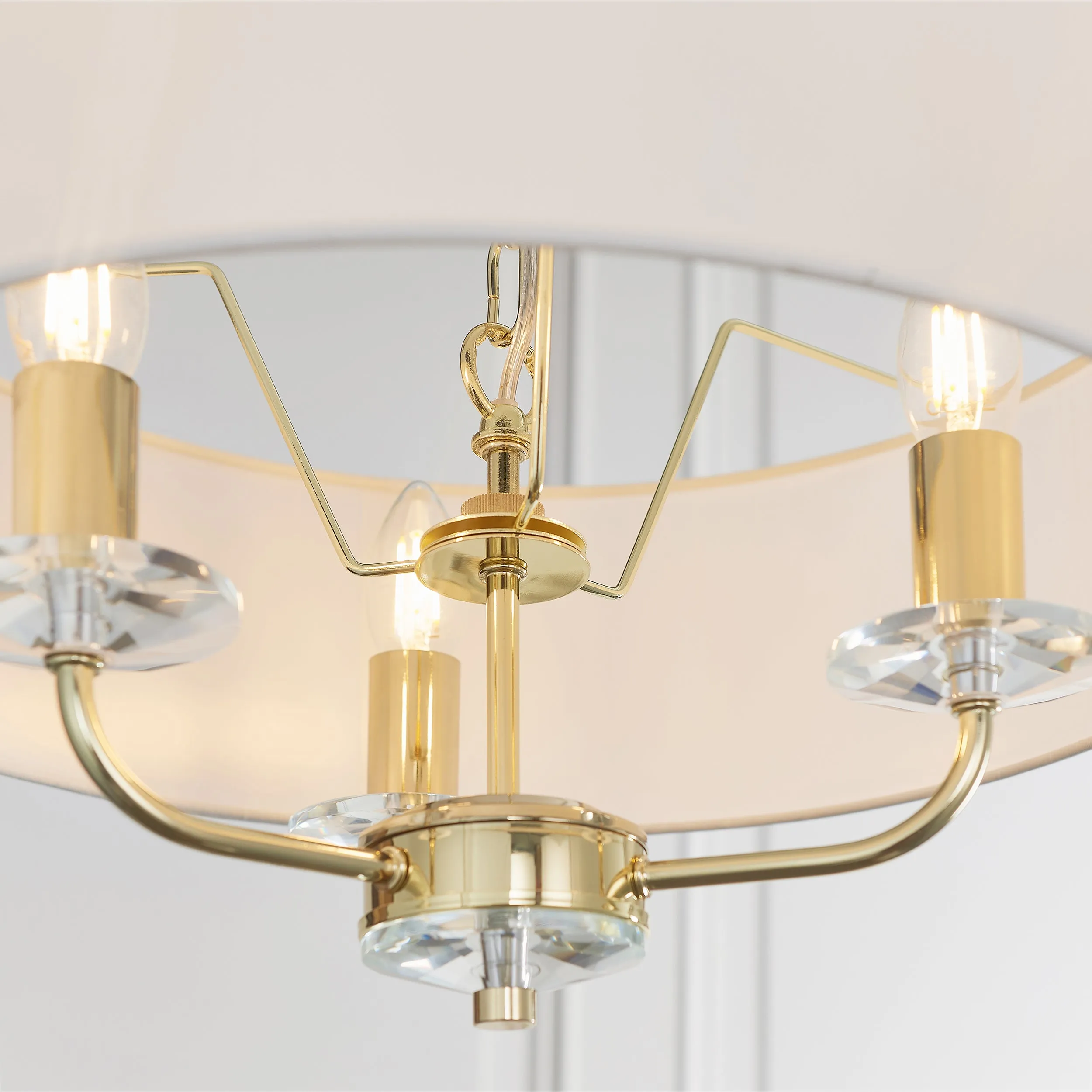 Endon 70560 Nixon 3lt Pendant Brass plate & vintage white fabric 3 x 40W E14 candle (Required)
