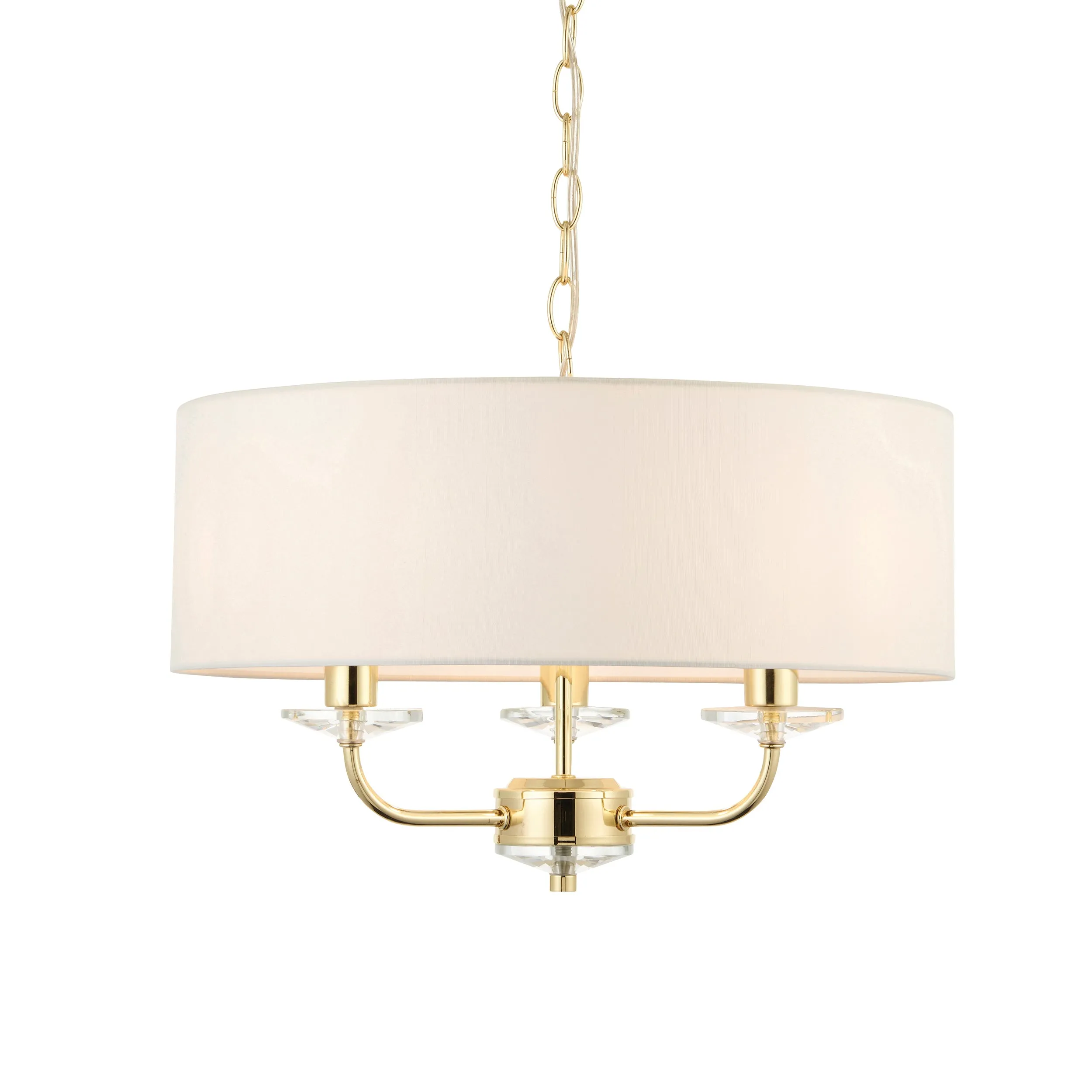 Endon 70560 Nixon 3lt Pendant Brass plate & vintage white fabric 3 x 40W E14 candle (Required)