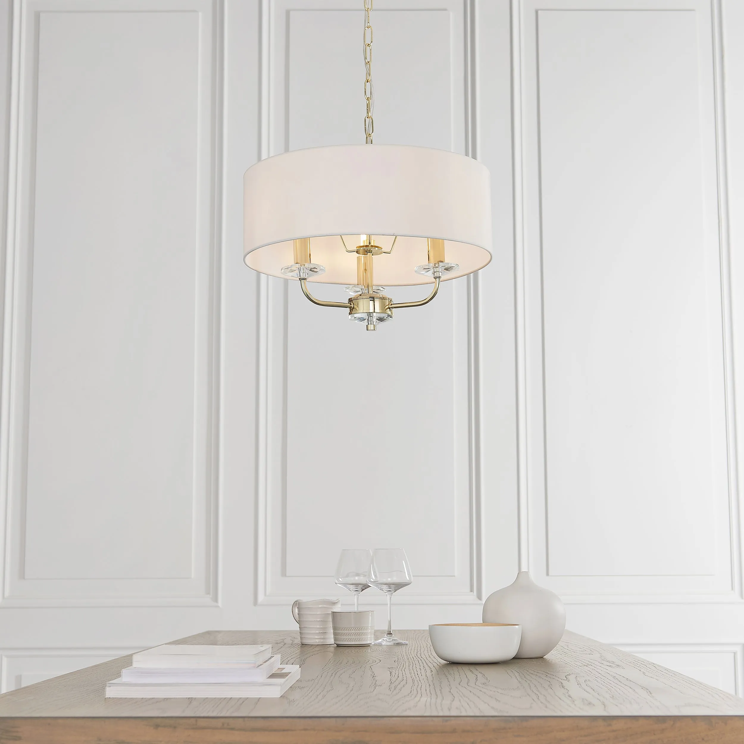 Endon 70560 Nixon 3lt Pendant Brass plate & vintage white fabric 3 x 40W E14 candle (Required)