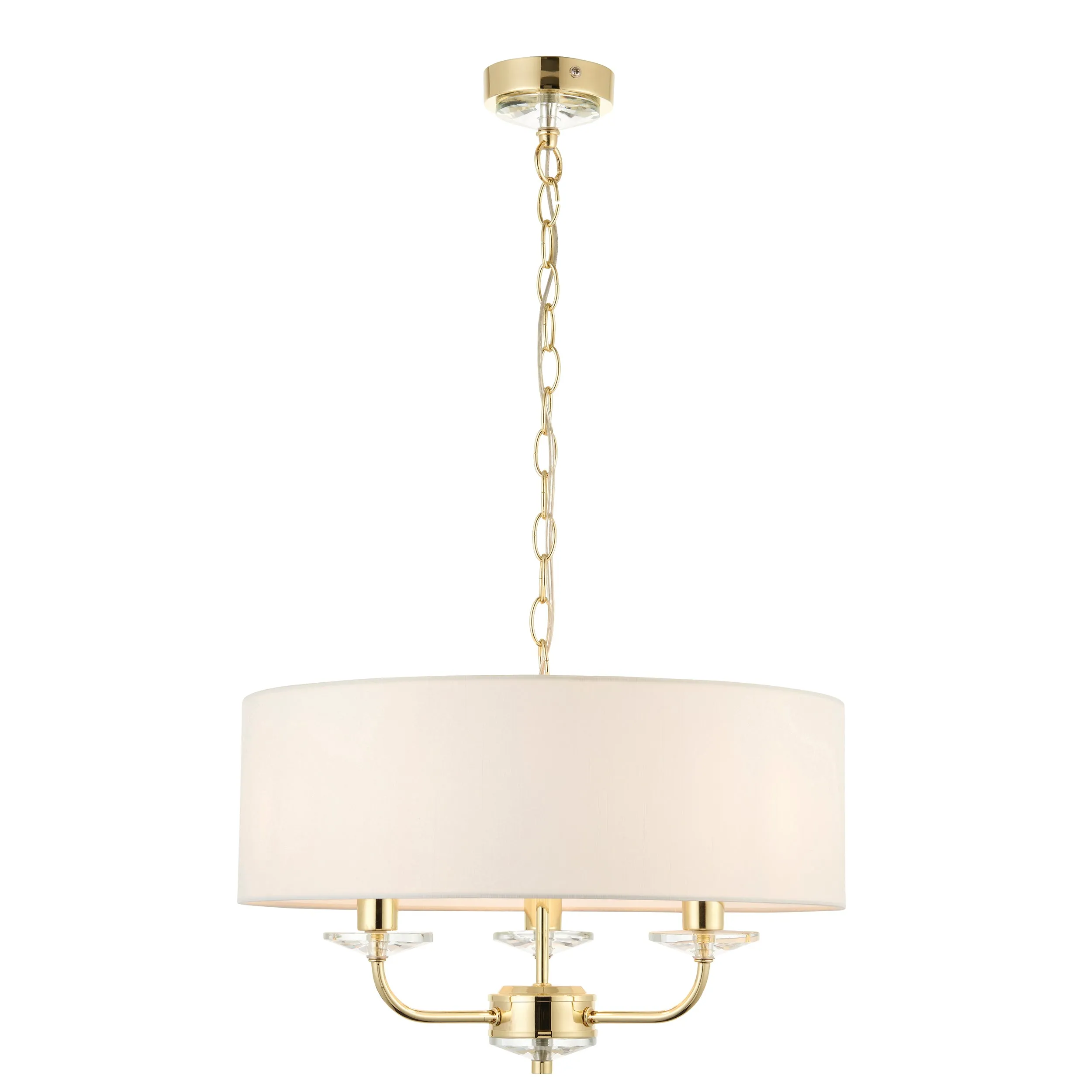 Endon 70560 Nixon 3lt Pendant Brass plate & vintage white fabric 3 x 40W E14 candle (Required)