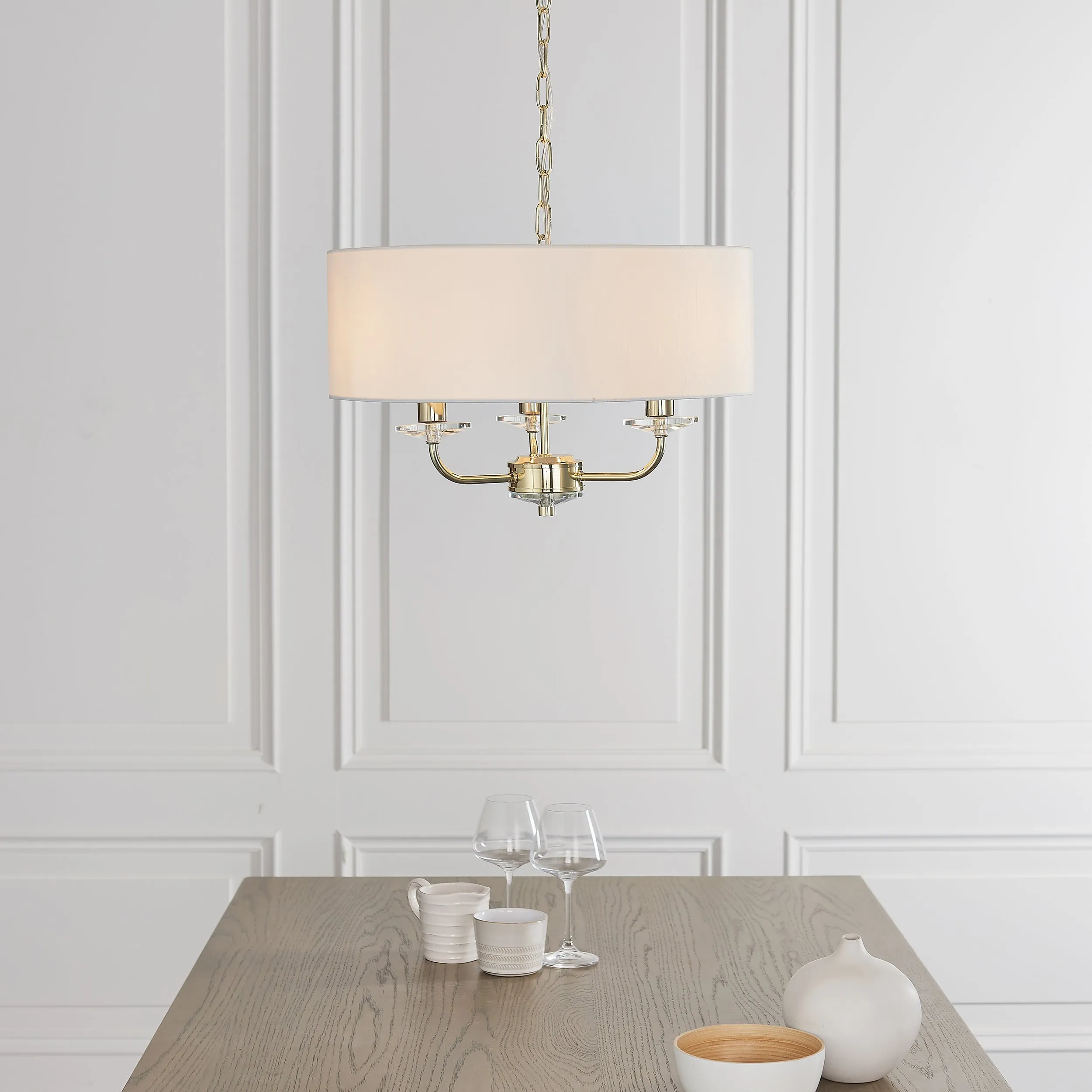 Endon 70560 Nixon 3lt Pendant Brass plate & vintage white fabric 3 x 40W E14 candle (Required)
