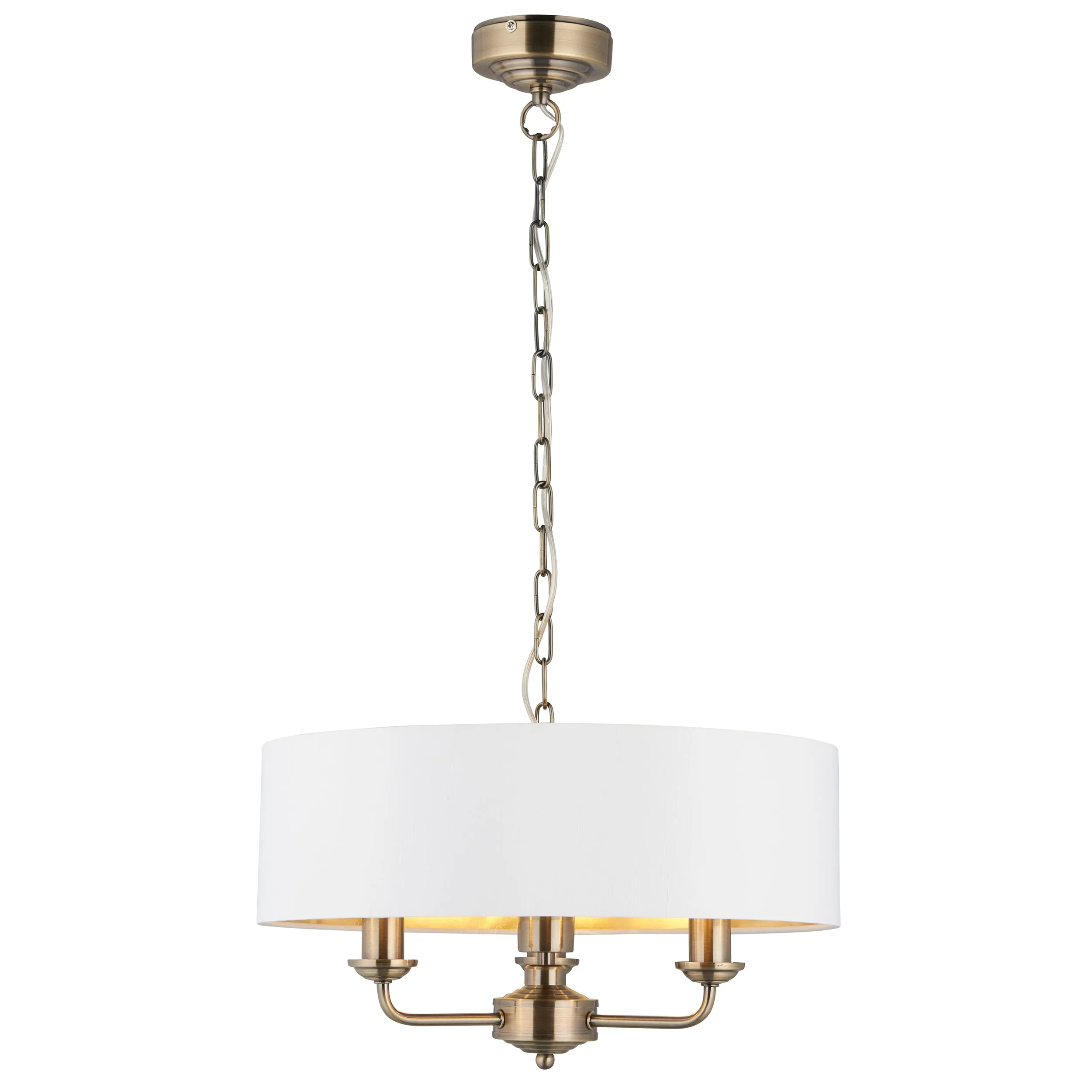Endon 98934 Highclere 3lt Pendant Antique brass plate & vintage white fabric 3 x 40W E14 candle (Required)