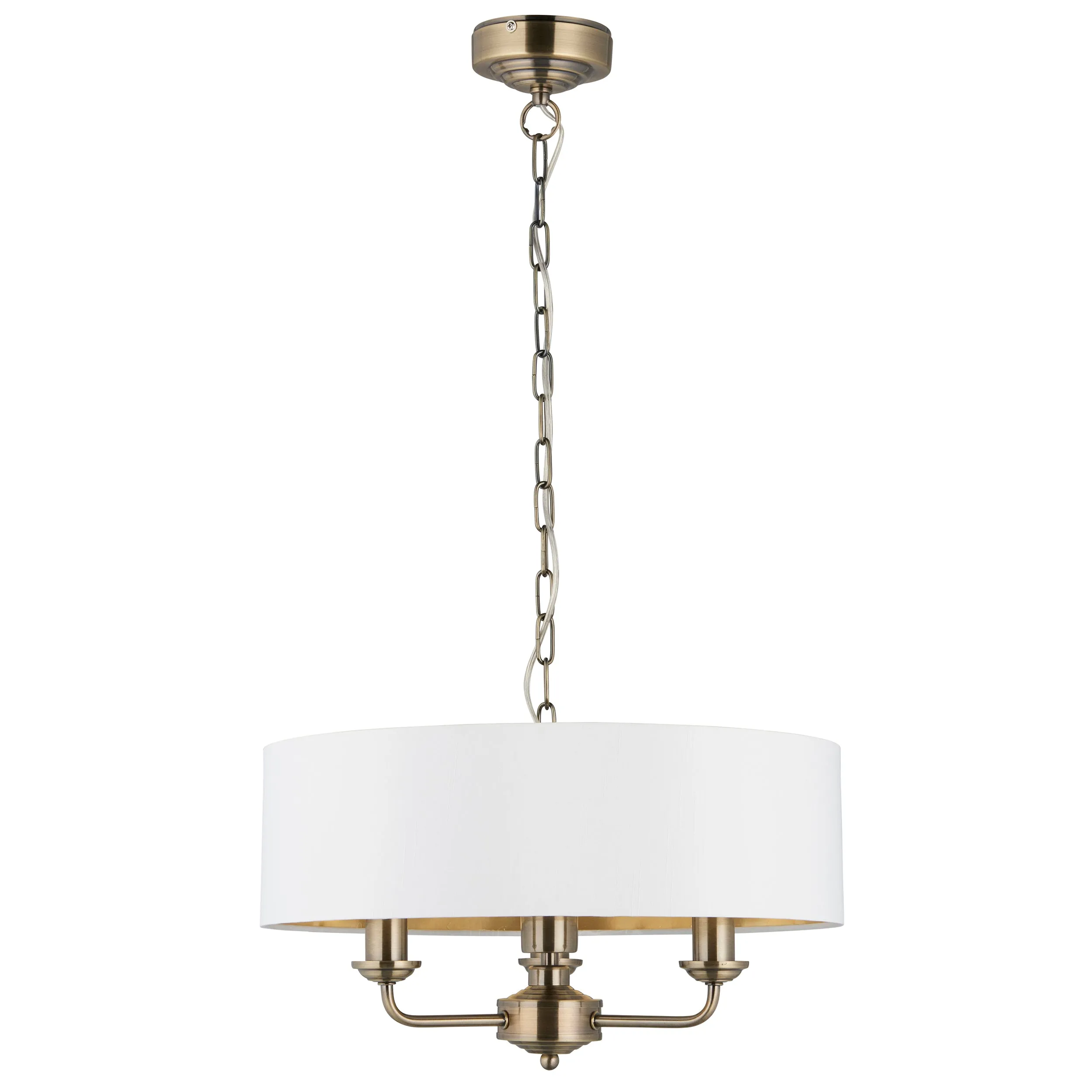 Endon 98934 Highclere 3lt Pendant Antique brass plate & vintage white fabric 3 x 40W E14 candle (Required)