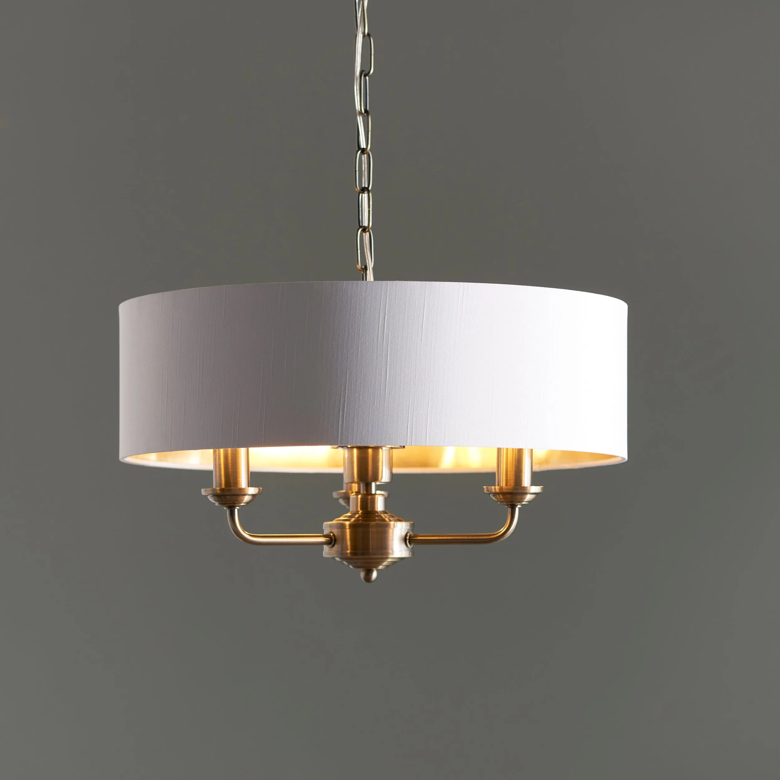 Endon 98934 Highclere 3lt Pendant Antique brass plate & vintage white fabric 3 x 40W E14 candle (Required)