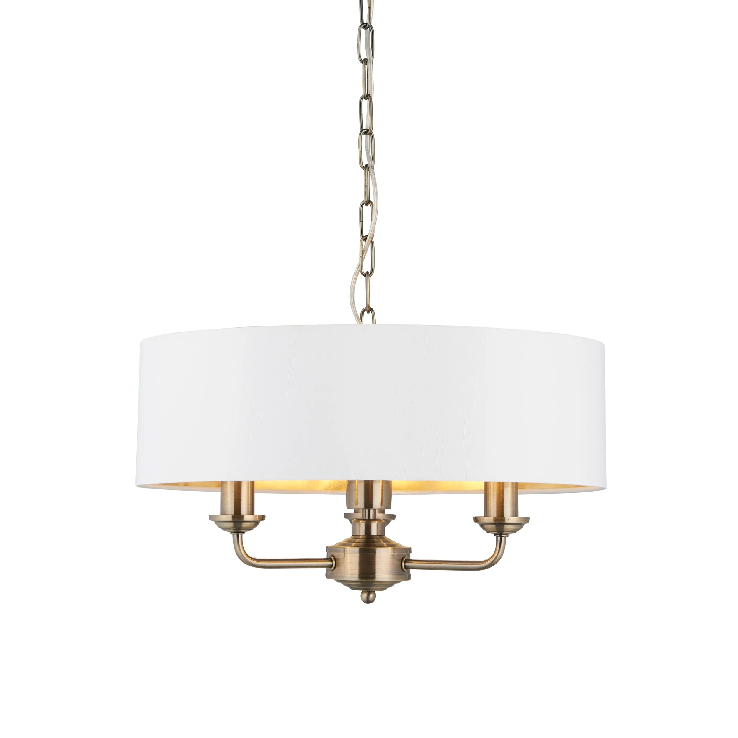 Endon 98934 Highclere 3lt Pendant Antique brass plate & vintage white fabric 3 x 40W E14 candle (Required)