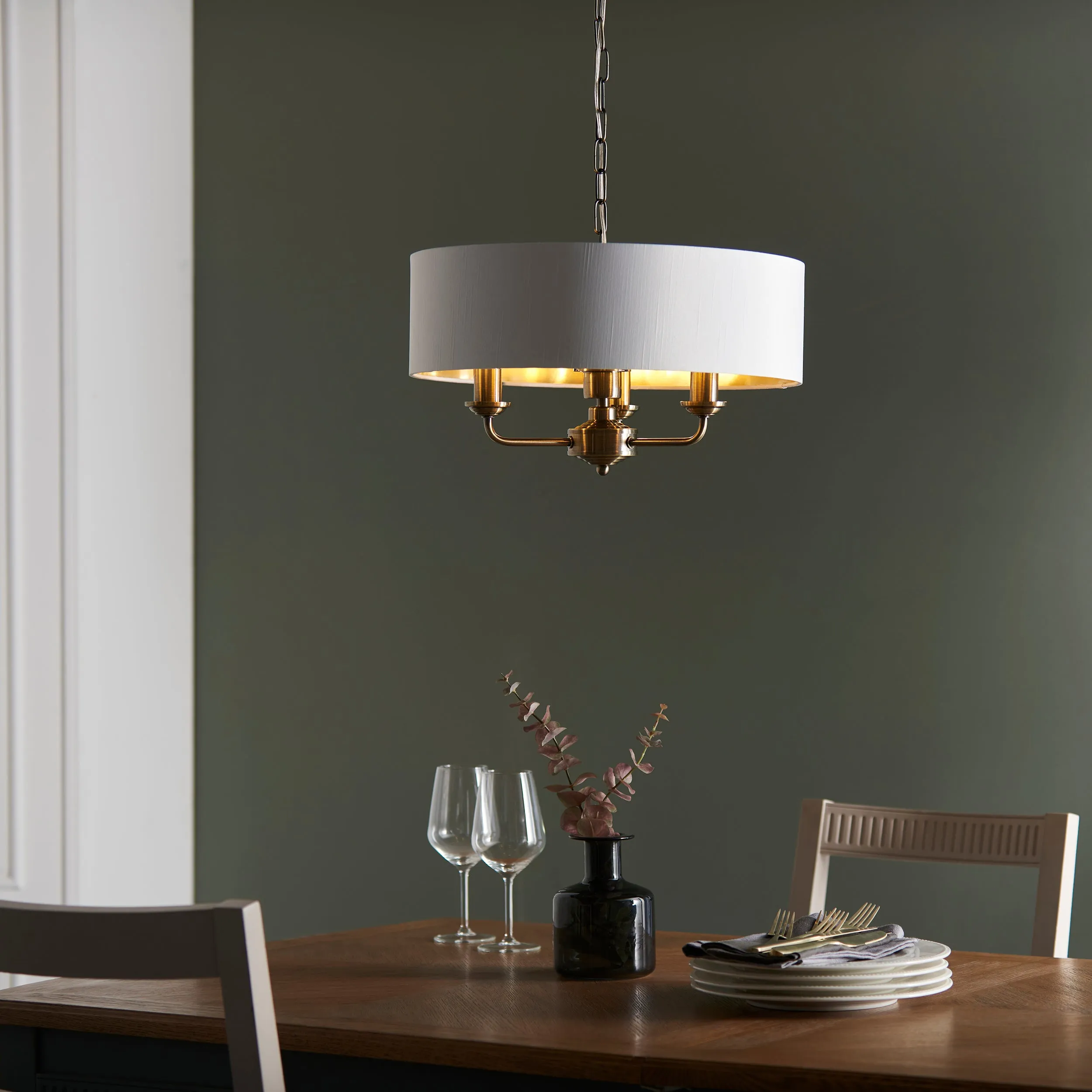 Endon 98934 Highclere 3lt Pendant Antique brass plate & vintage white fabric 3 x 40W E14 candle (Required)