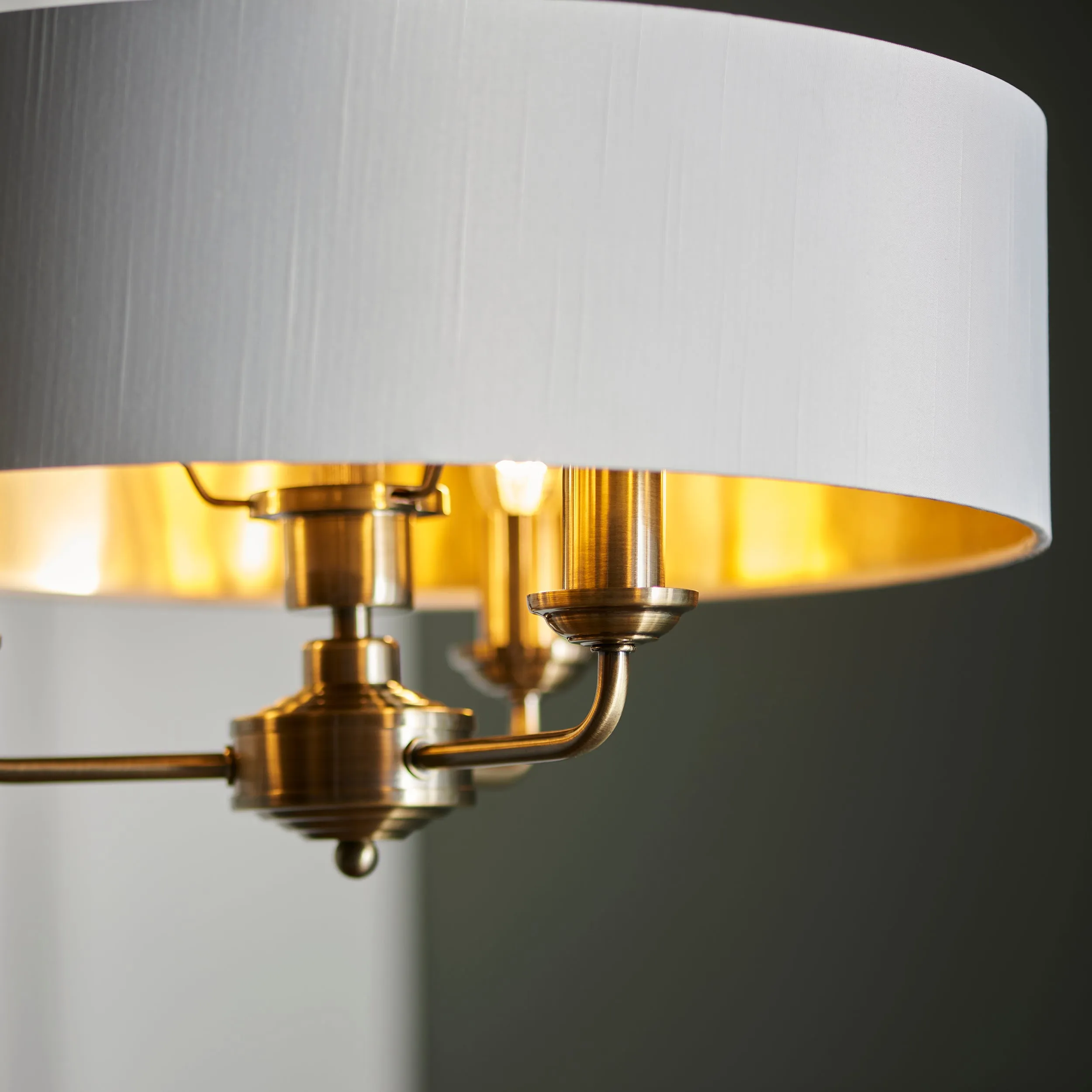 Endon 98934 Highclere 3lt Pendant Antique brass plate & vintage white fabric 3 x 40W E14 candle (Required)