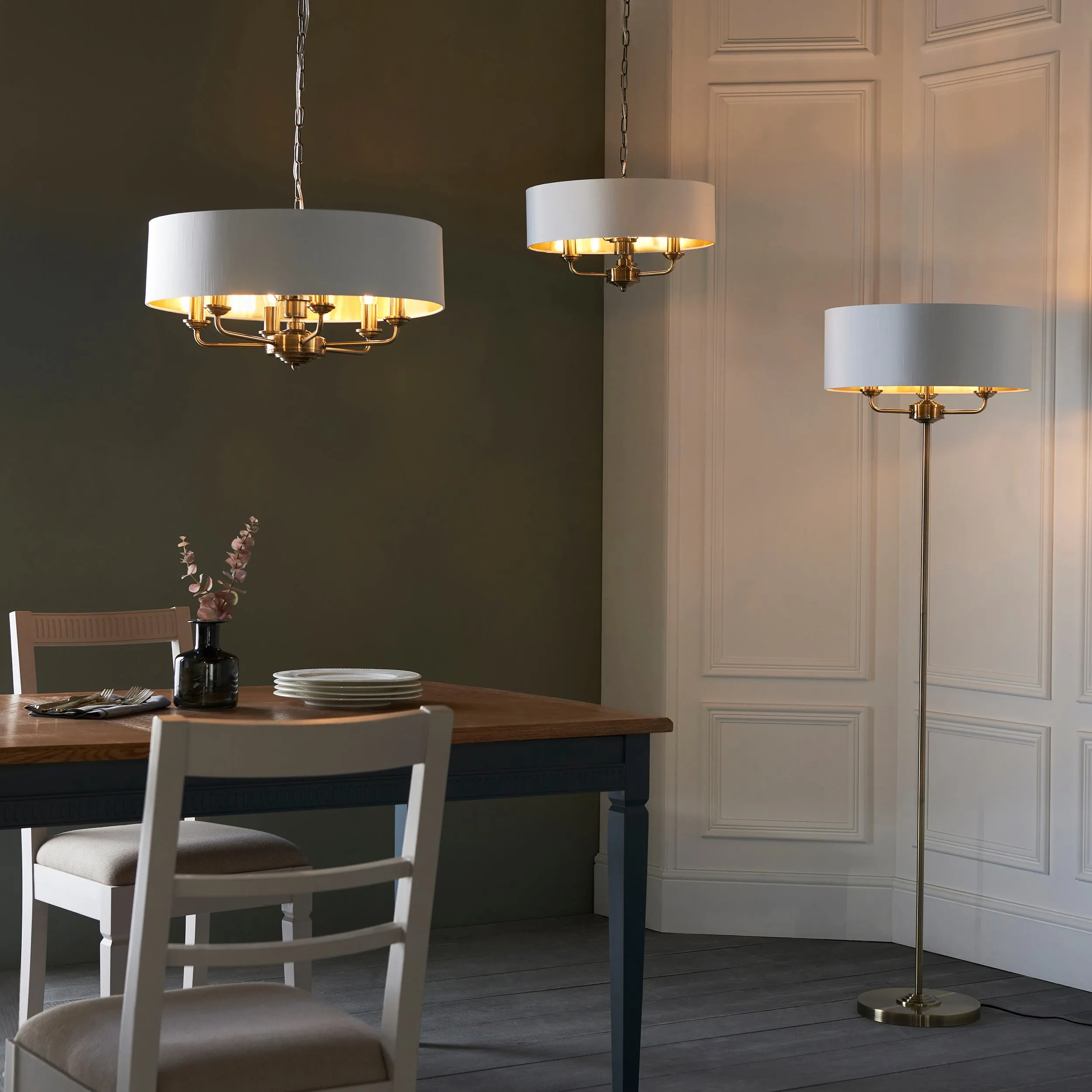 Endon 98934 Highclere 3lt Pendant Antique brass plate & vintage white fabric 3 x 40W E14 candle (Required)