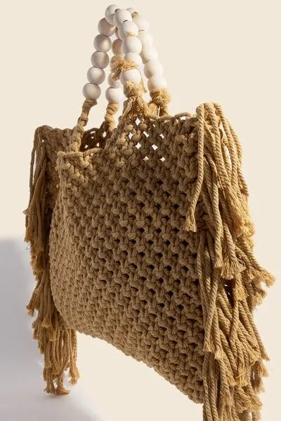 Fame Wooden Beaded Handle Braided Tote Bag