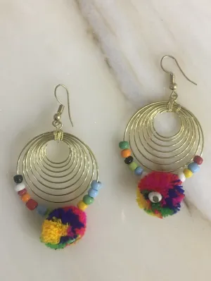 Fashion Costume Imitation Artificial Jewellery Multicolor Long earring in Gold Metal Rings with Round Bead & Funky pom Poms for Women Girls