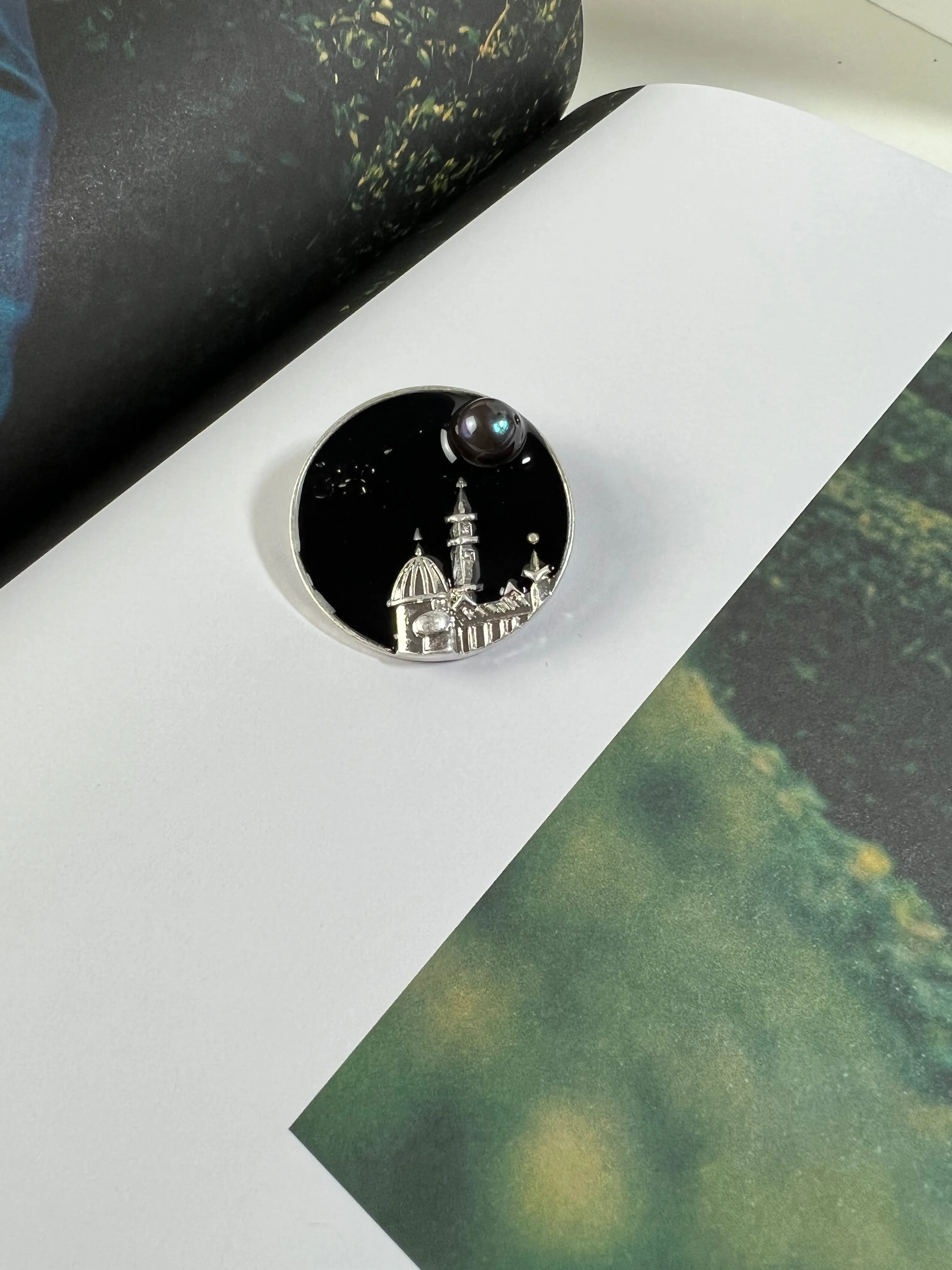 Florence Night Sky Pearl Enamel Silver Brooch