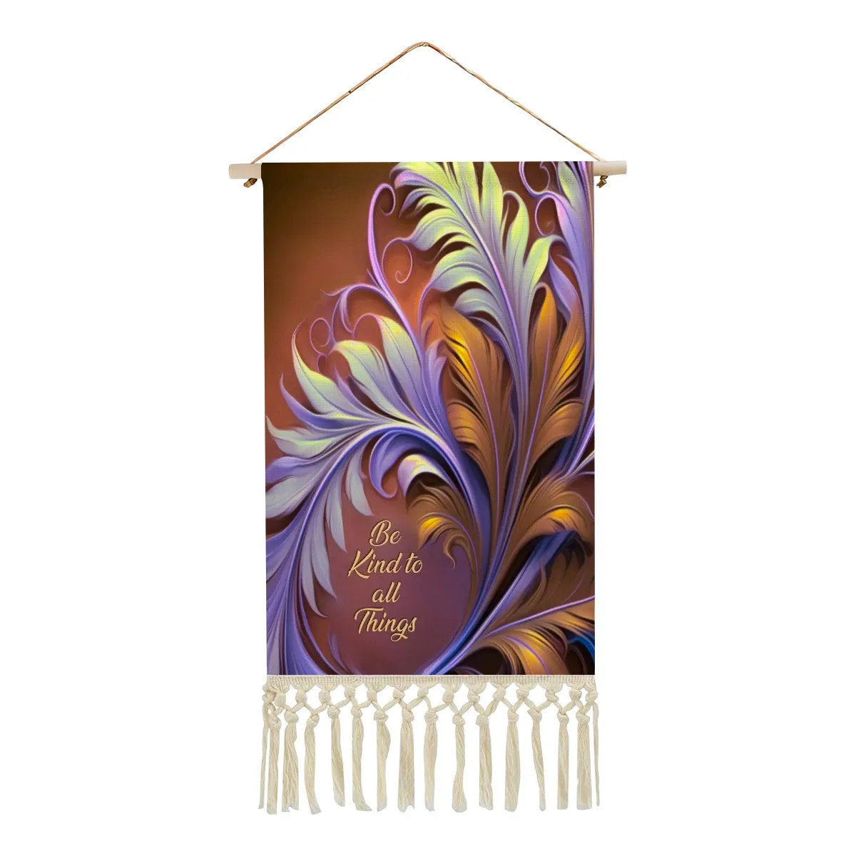 Fringed Canvas Wall Hanging, Violet and Rust Foliage Artwork, Inspirational Affirmation