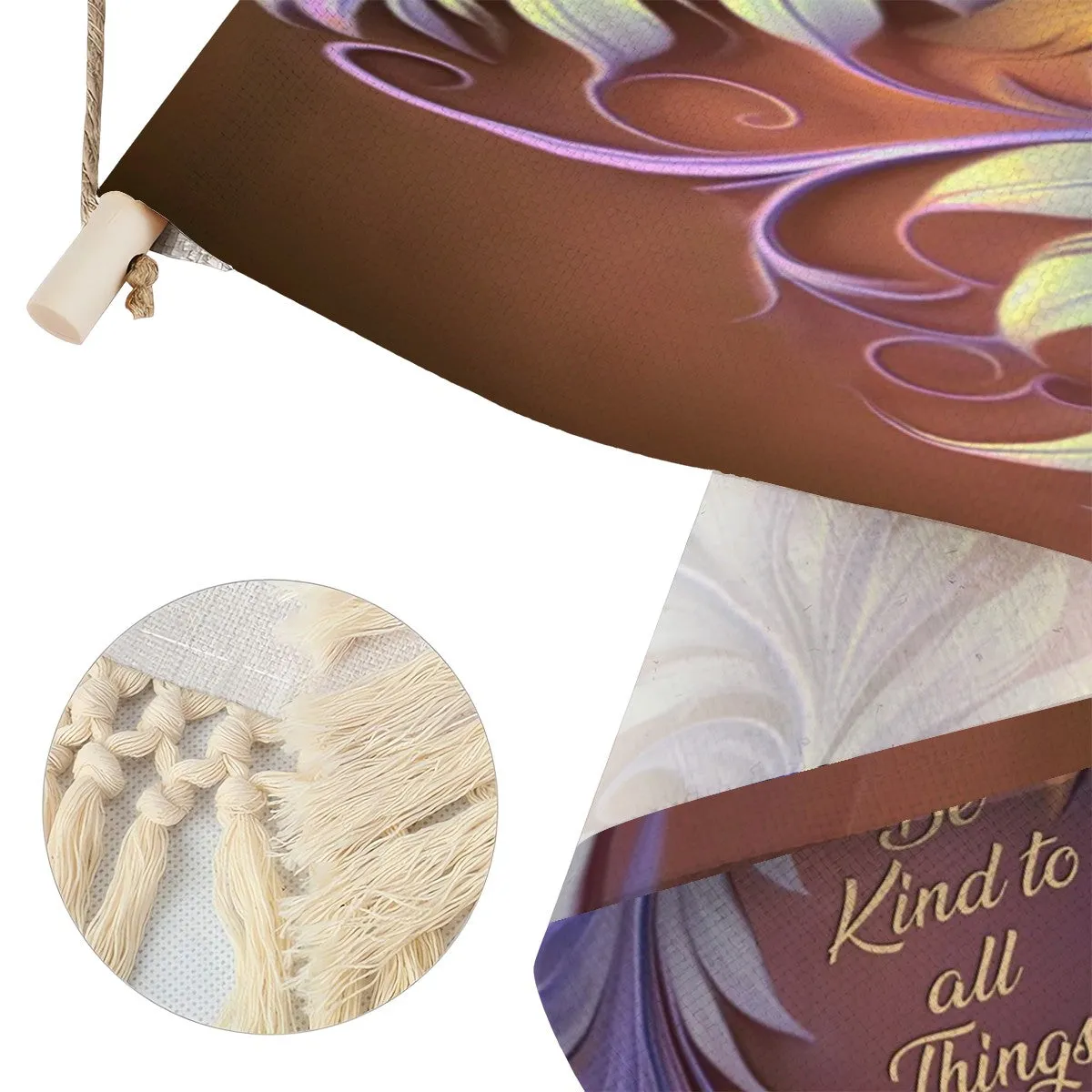 Fringed Canvas Wall Hanging, Violet and Rust Foliage Artwork, Inspirational Affirmation