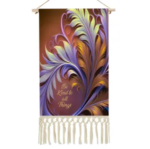 Fringed Canvas Wall Hanging, Violet and Rust Foliage Artwork, Inspirational Affirmation