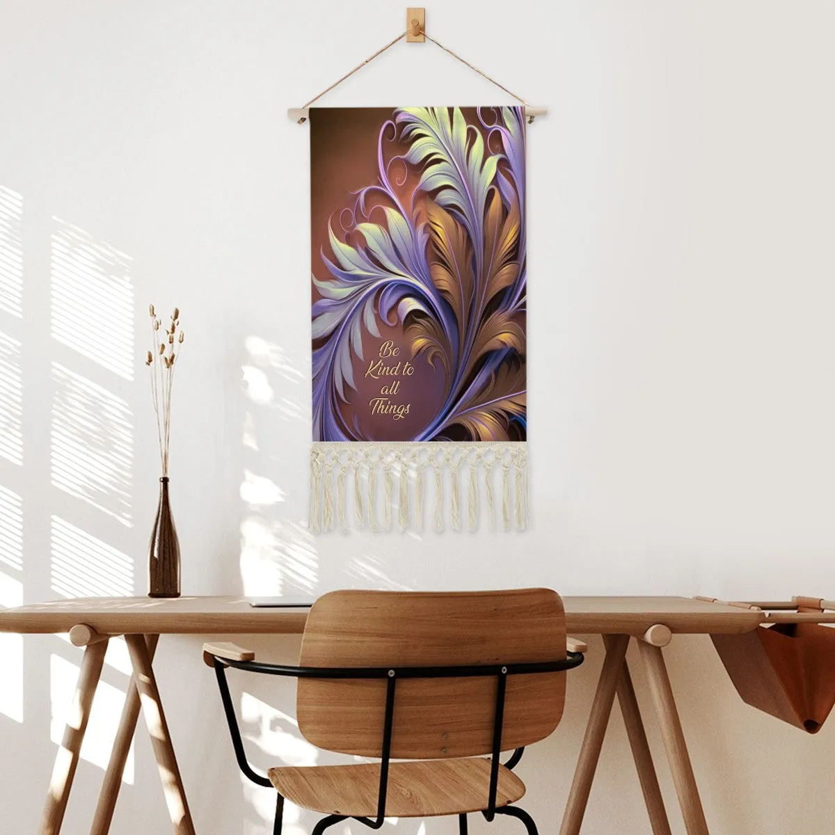 Fringed Canvas Wall Hanging, Violet and Rust Foliage Artwork, Inspirational Affirmation