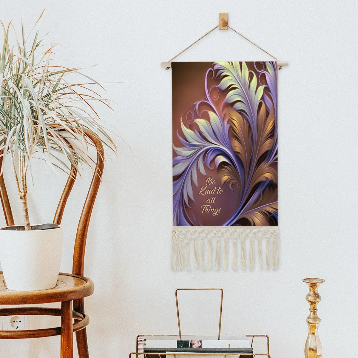 Fringed Canvas Wall Hanging, Violet and Rust Foliage Artwork, Inspirational Affirmation