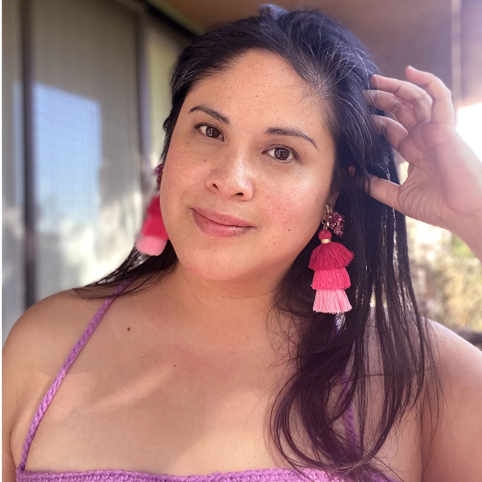Fuchsia beaded tassel earrings