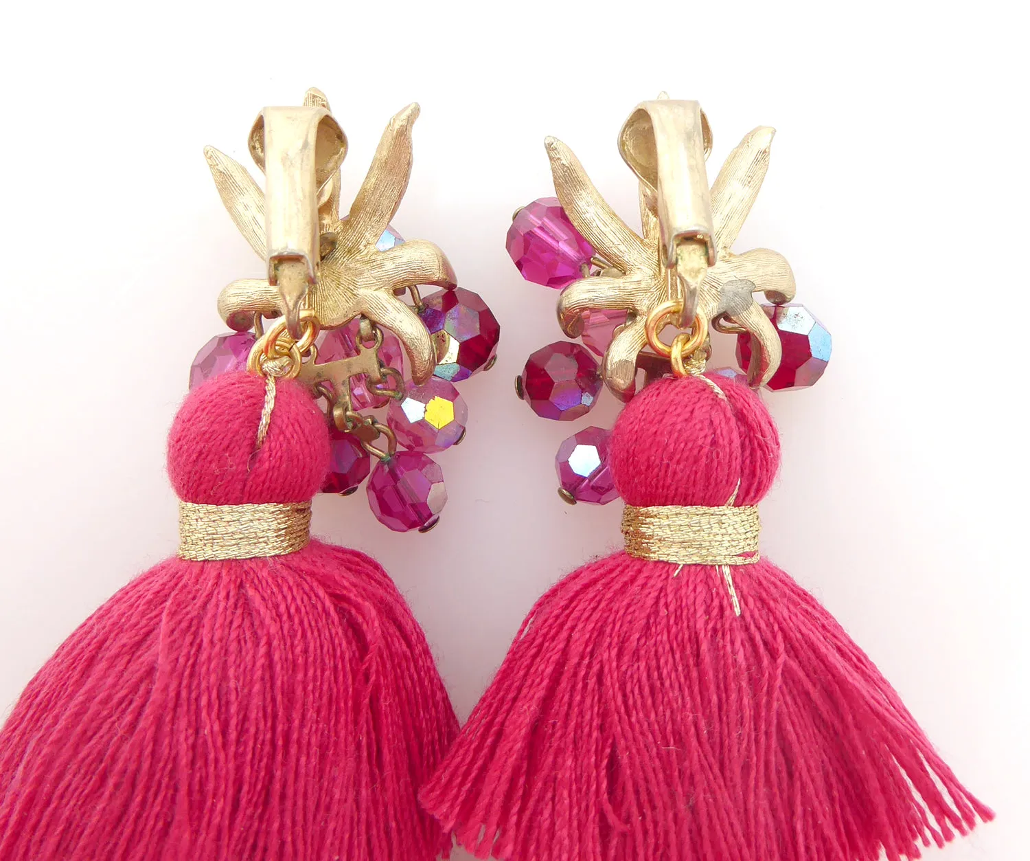 Fuchsia beaded tassel earrings