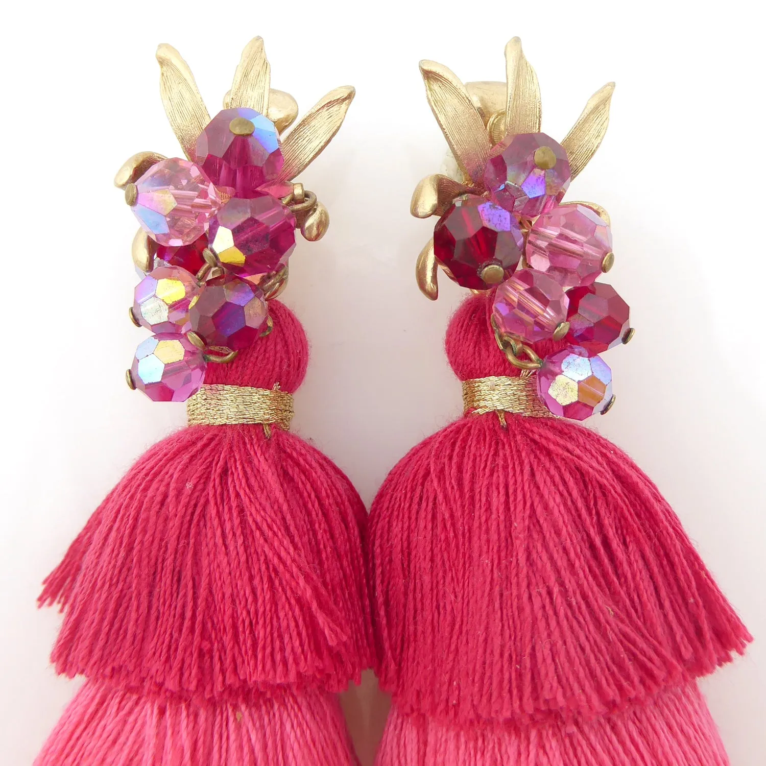 Fuchsia beaded tassel earrings