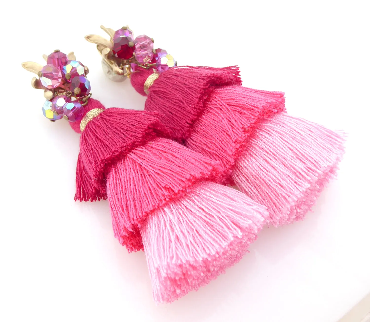 Fuchsia beaded tassel earrings