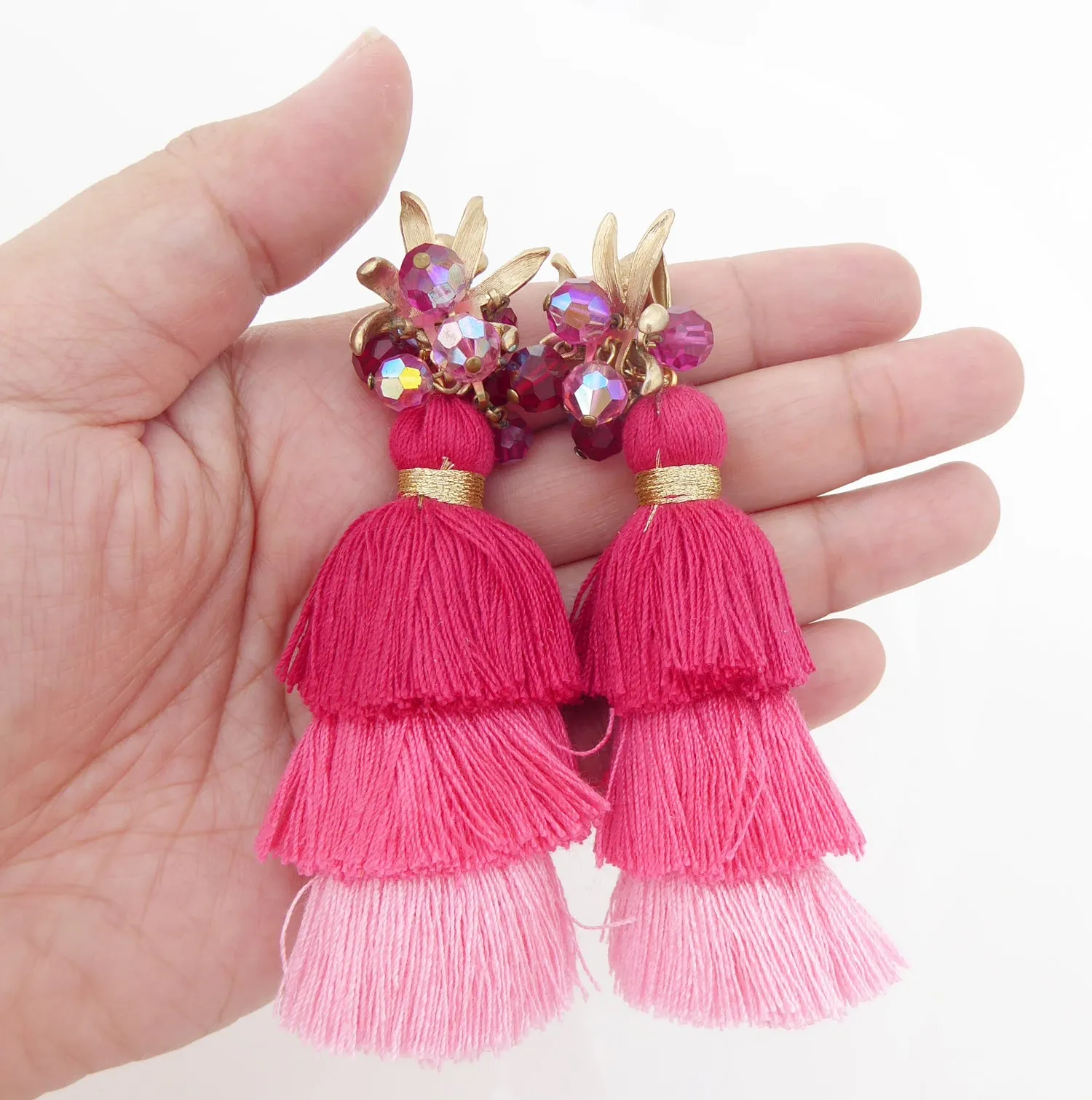Fuchsia beaded tassel earrings
