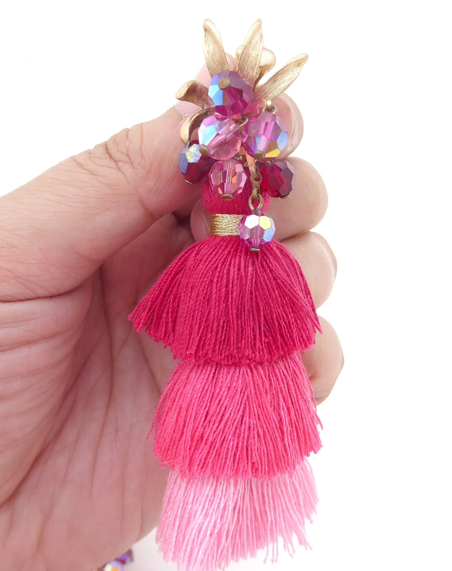Fuchsia beaded tassel earrings