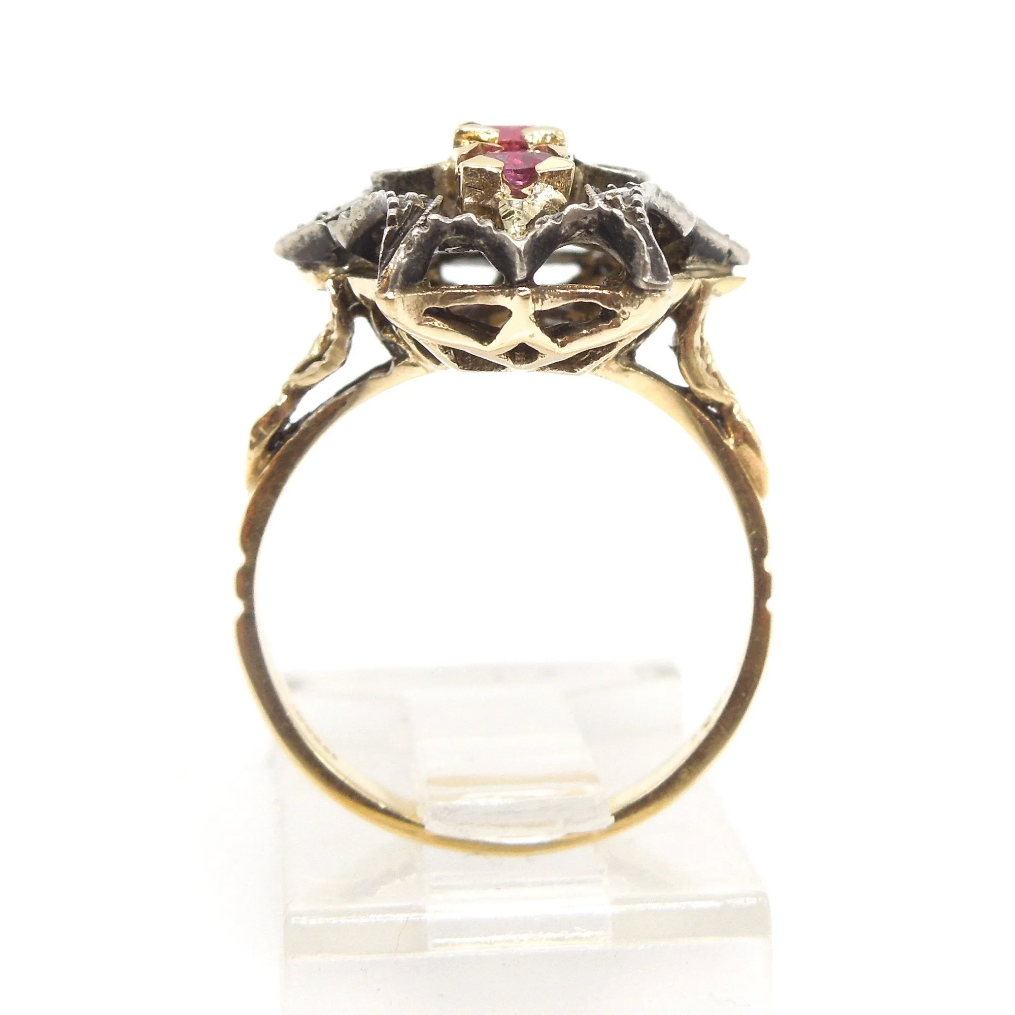 Georgian Style Ring - 18K Yellow Gold and Sterling Silver with Rubies and Rose Cut Diamonds
