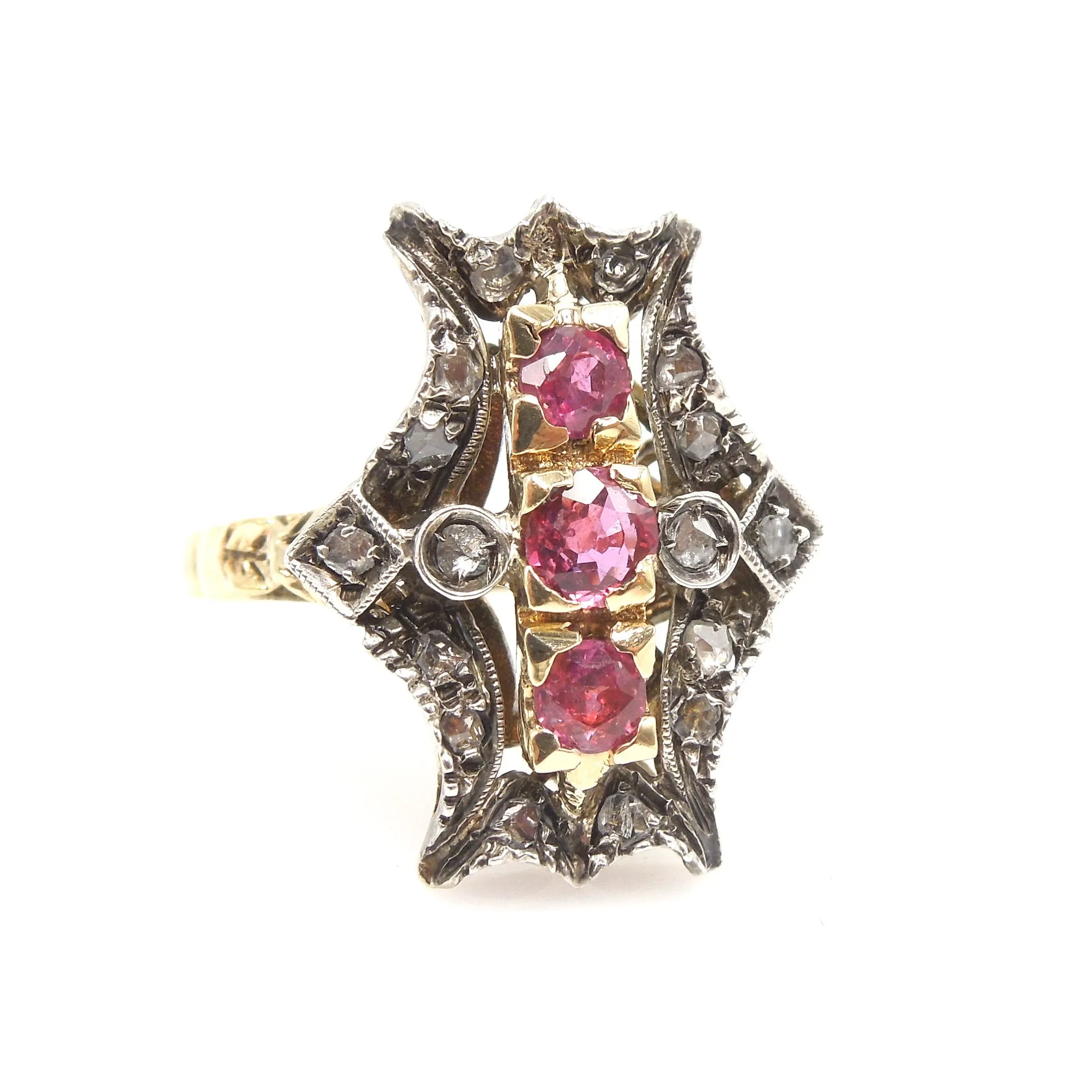Georgian Style Ring - 18K Yellow Gold and Sterling Silver with Rubies and Rose Cut Diamonds
