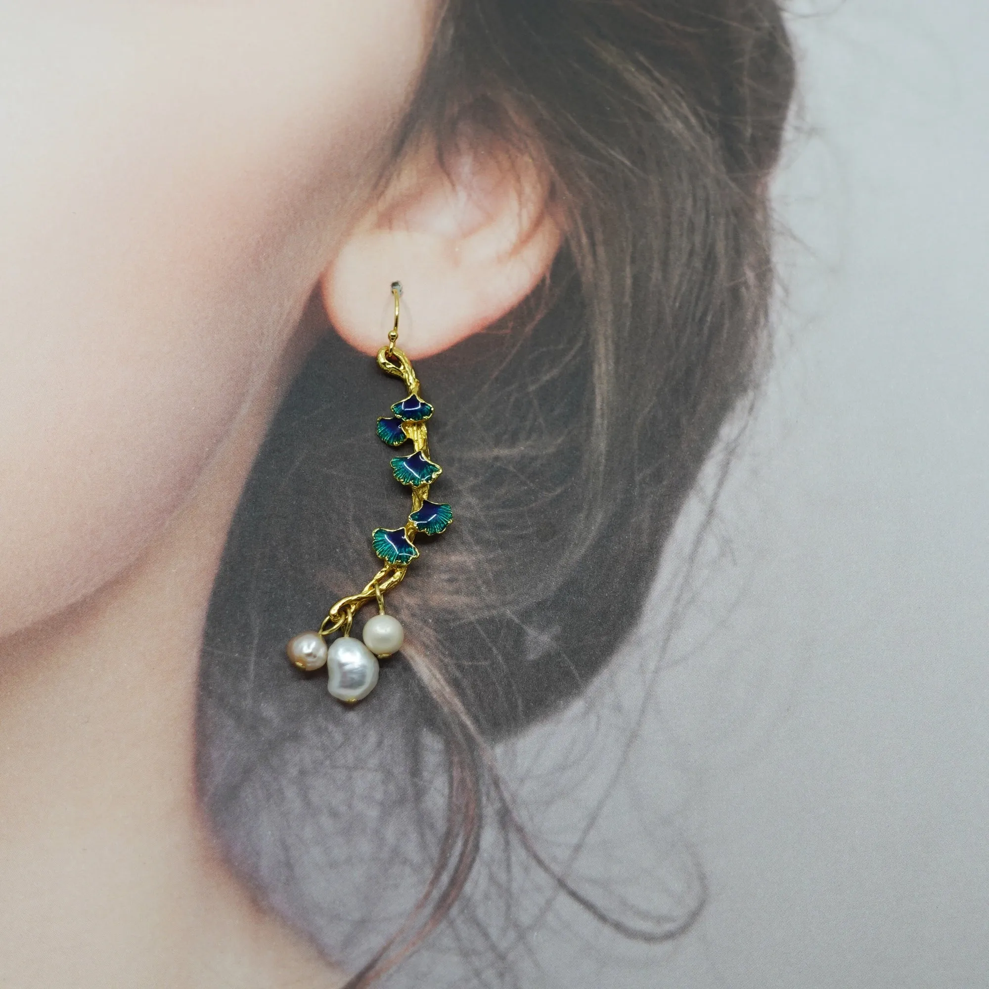 Gold Enamel Vine Pearl Necklace and Earring Set