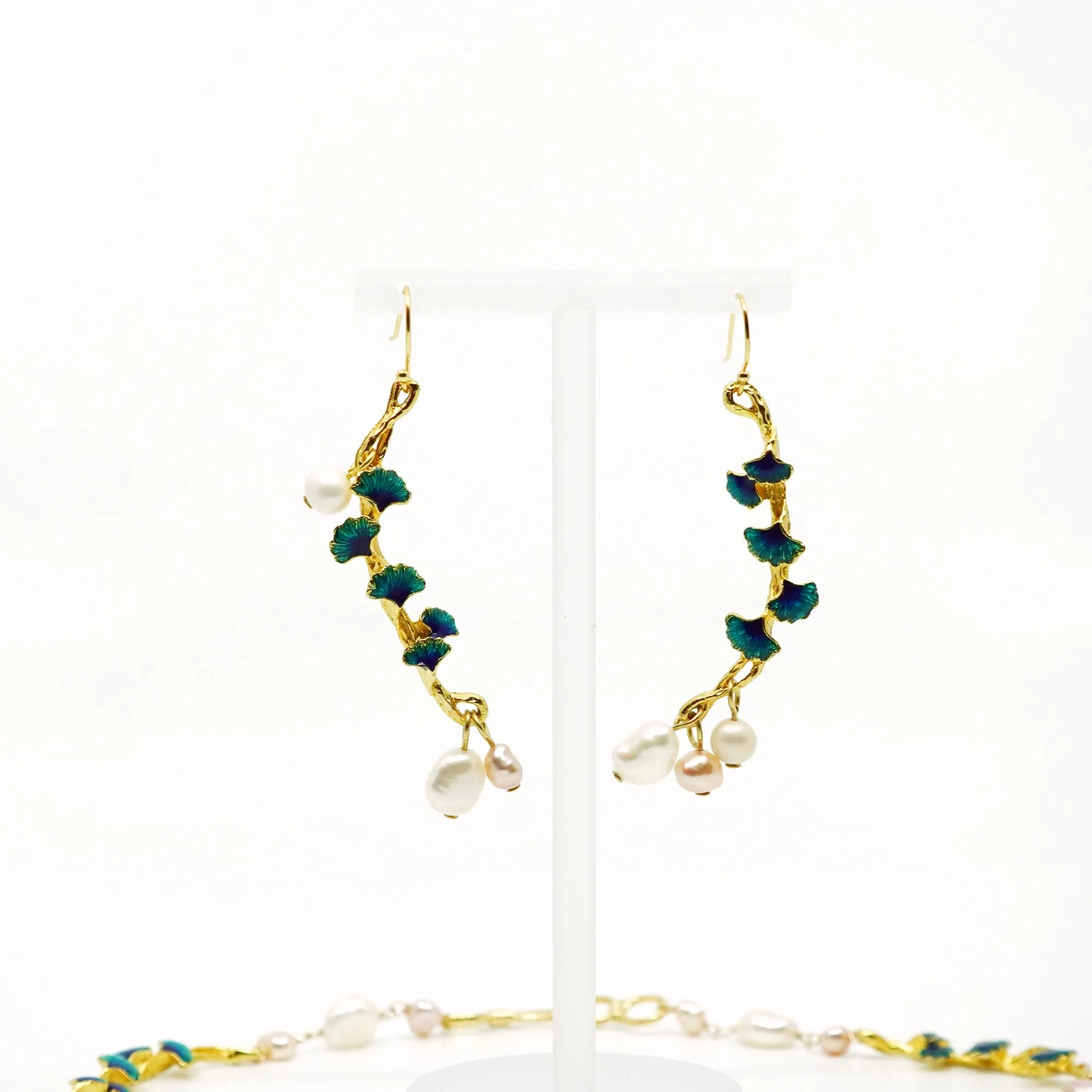 Gold Enamel Vine Pearl Necklace and Earring Set