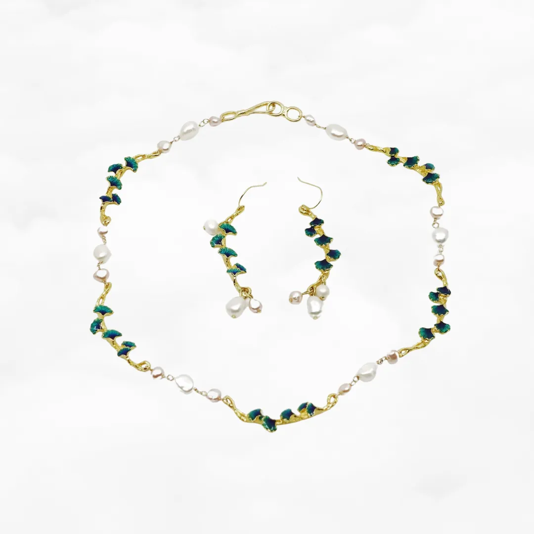 Gold Enamel Vine Pearl Necklace and Earring Set